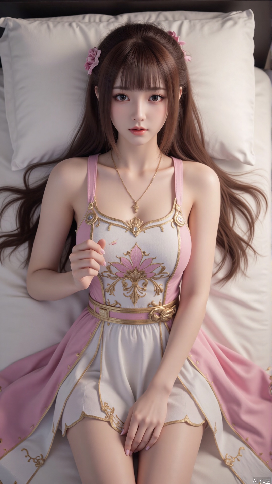 1girl, solo, jewelry, earrings, breasts, necklace, dress, realistic, bare shoulders, looking at viewer, lying, perfect body, scenery, sharp focus, best quality, masterpiece, detailed outfit, illustration, perfect eyes, finely detailed beautiful anime eyes, realistic skin, intricate details, best lighting, depth of field, ultra high resolution, bed, from above