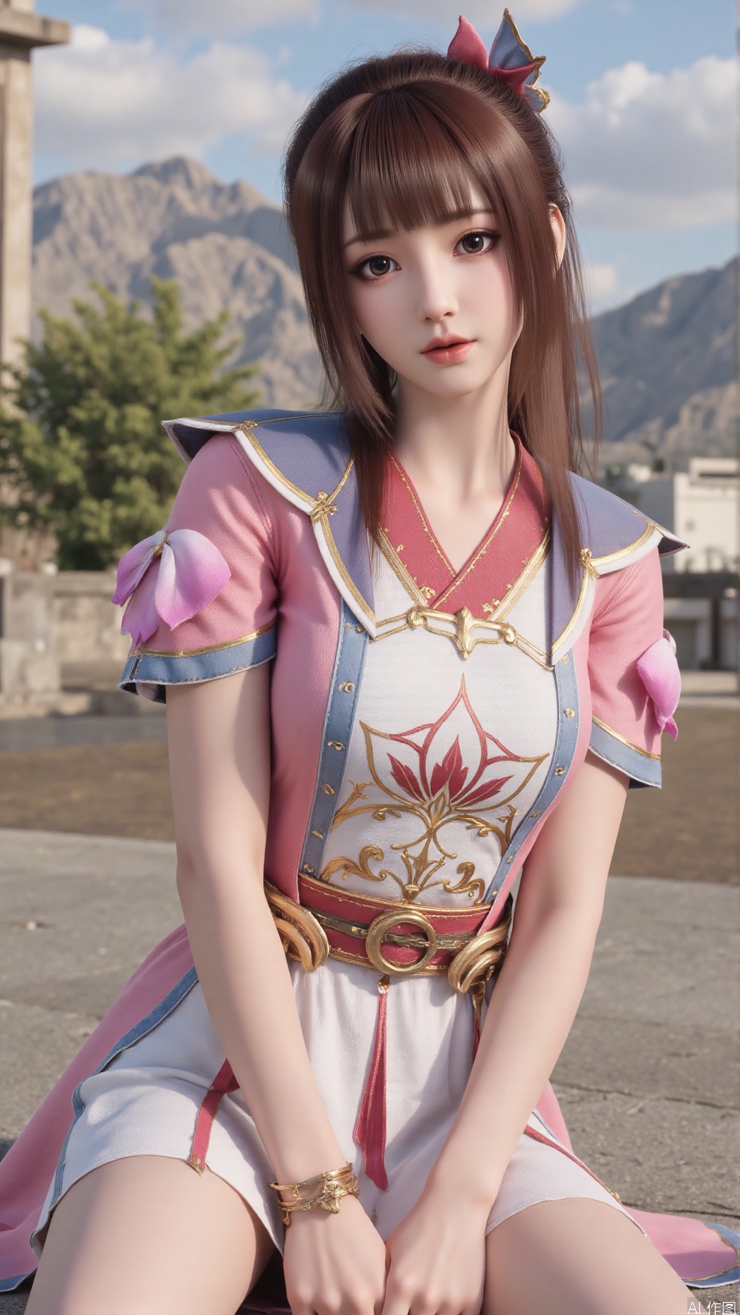 1girl, solo, brown hair, pink dress, ponytail, hair ornament, dress, looking at viewer, mischevious smile, perfect body, scenery, sharp focus, best quality, masterpiece, detailed outfit, illustration, perfect eyes, finely detailed beautiful anime eyes, realistic skin, intricate details, best lighting, depth of field, ultra high resolution,sitting