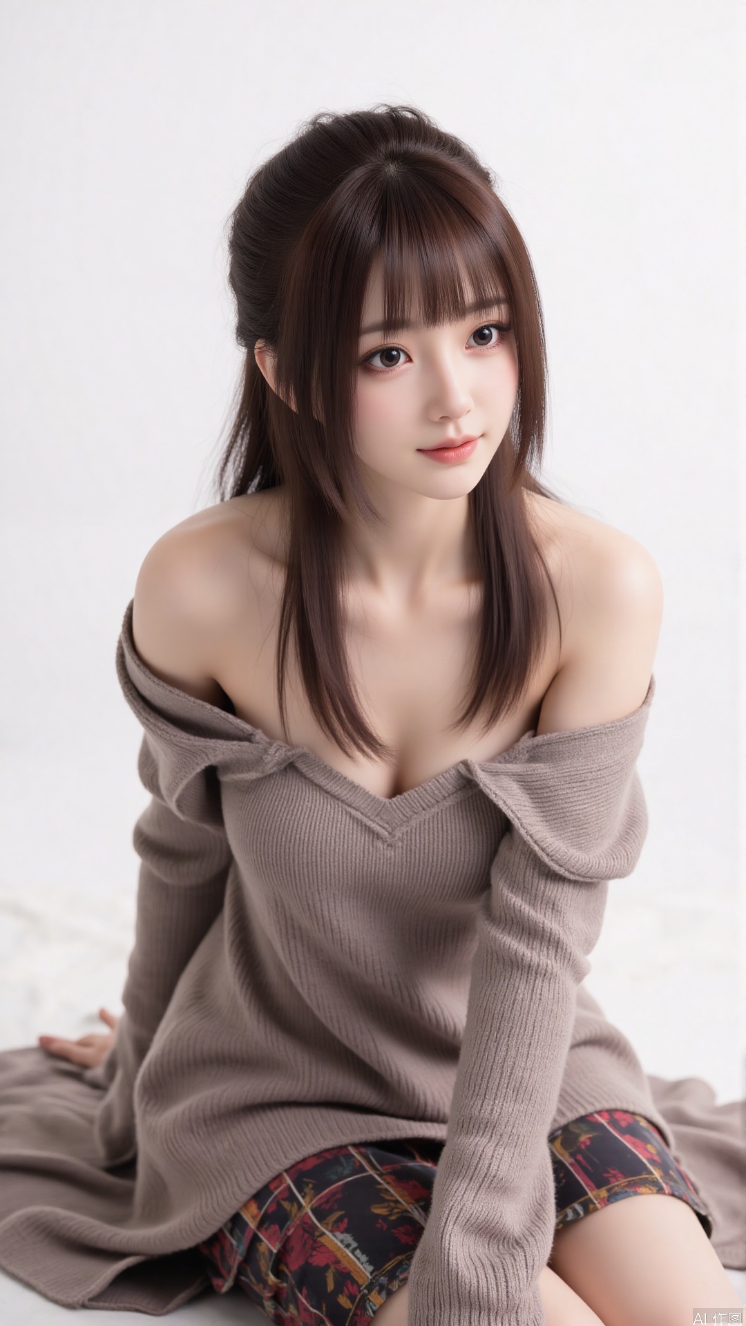 1girl, solo, long hair, looking at viewer, smile, sitting, collarbone, off shoulder, sweater, messy hair, realistic