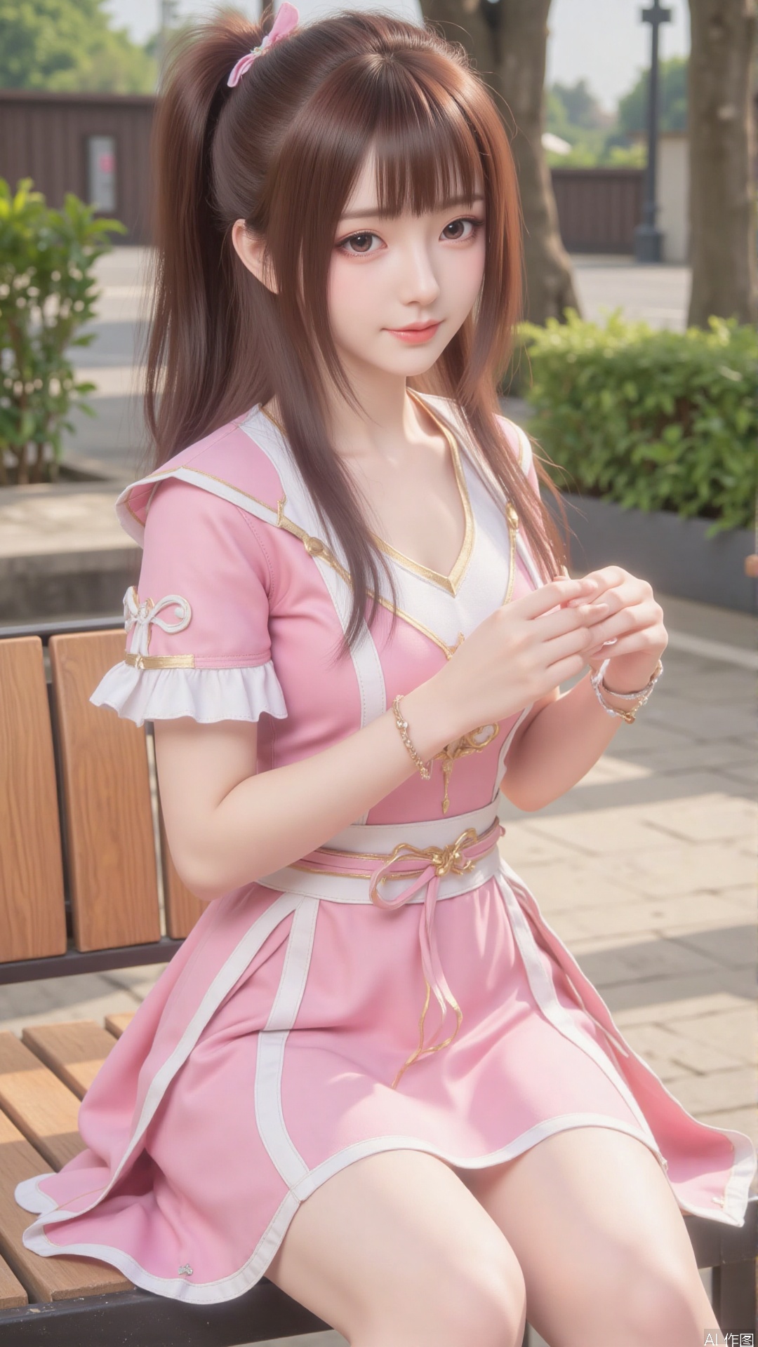 1girl, solo, brown hair, pink dress, ponytail, hair ornament, dress, looking at viewer, mischevious smile, perfect body, scenery, sharp focus, best quality, masterpiece, detailed outfit, illustration, perfect eyes, finely detailed beautiful anime eyes, realistic skin, intricate details, best lighting, depth of field, ultra high resolution,sitting