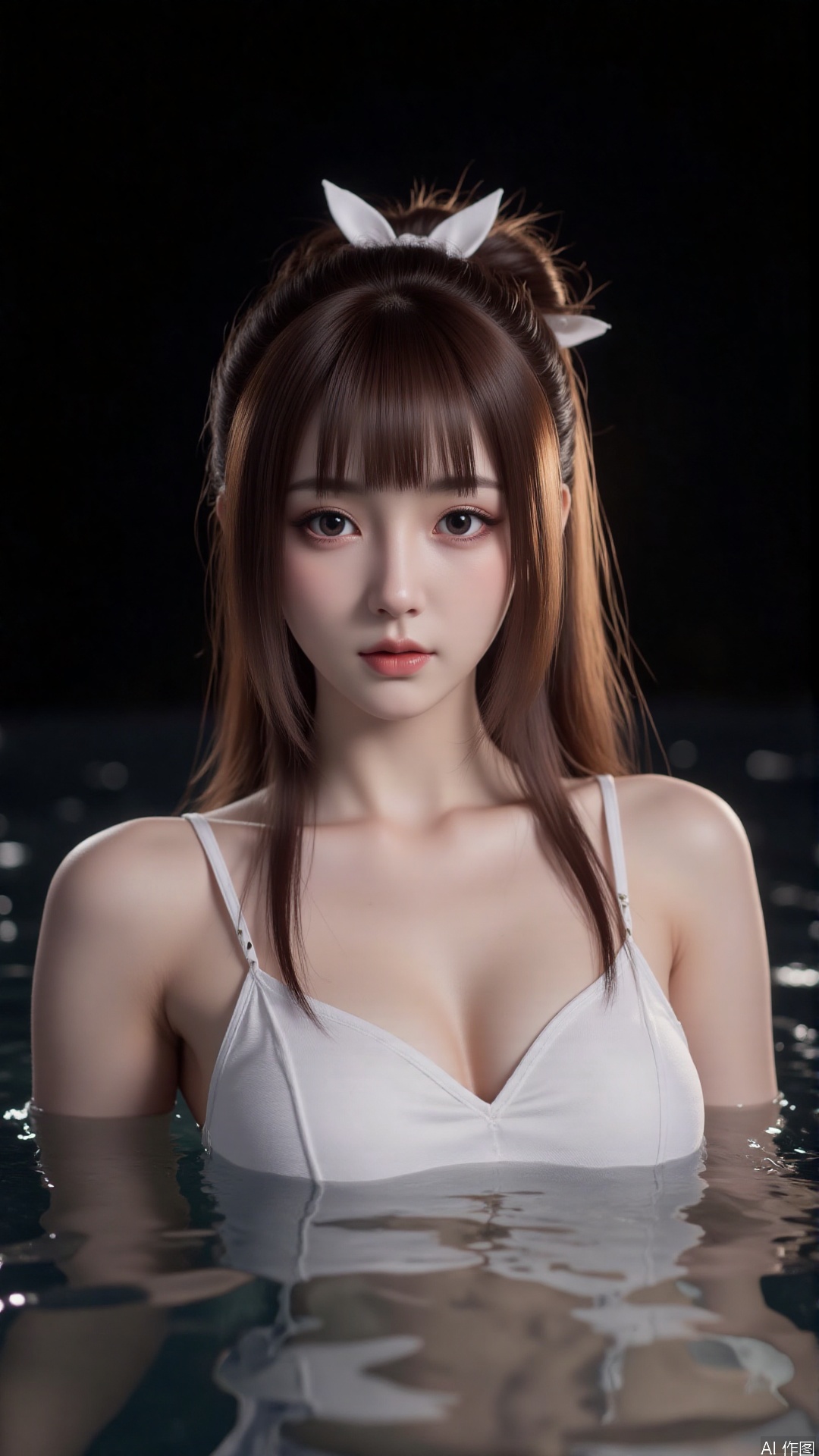 1girl, solo, long hair, red lips,looking at viewer, upper body, glowing hair,hair ornament,white sling shirt,bare shoulders,in water,hair bun,ribbon,earrings,black background,light,dark background