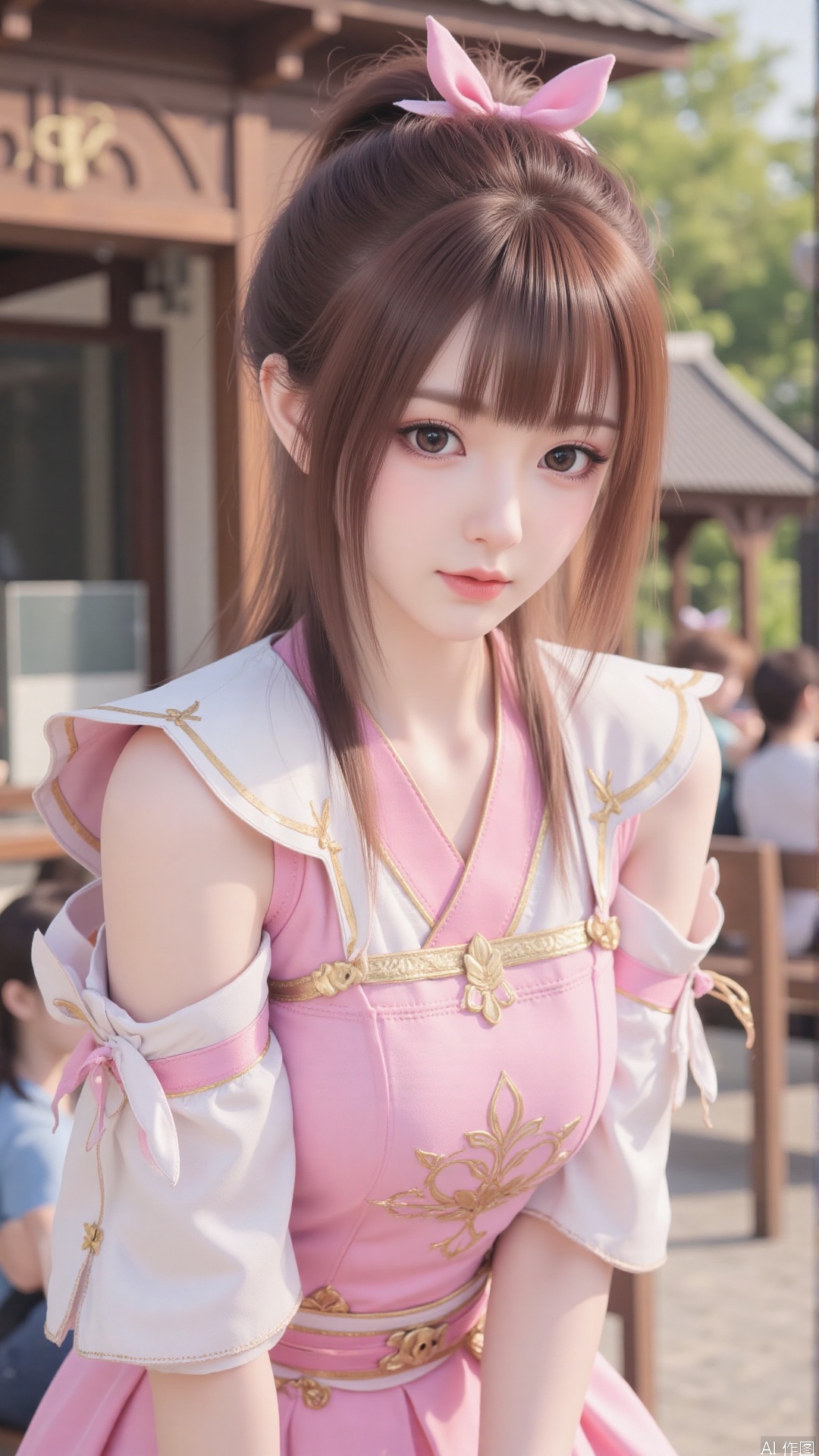 1girl, solo, brown hair, pink dress, ponytail, hair ornament, dress, looking at viewer, mischevious smile, perfect body, scenery, sharp focus, best quality, masterpiece, detailed outfit, illustration, perfect eyes, finely detailed beautiful anime eyes, realistic skin, intricate details, best lighting, depth of field, ultra high resolution,cowboy_shot