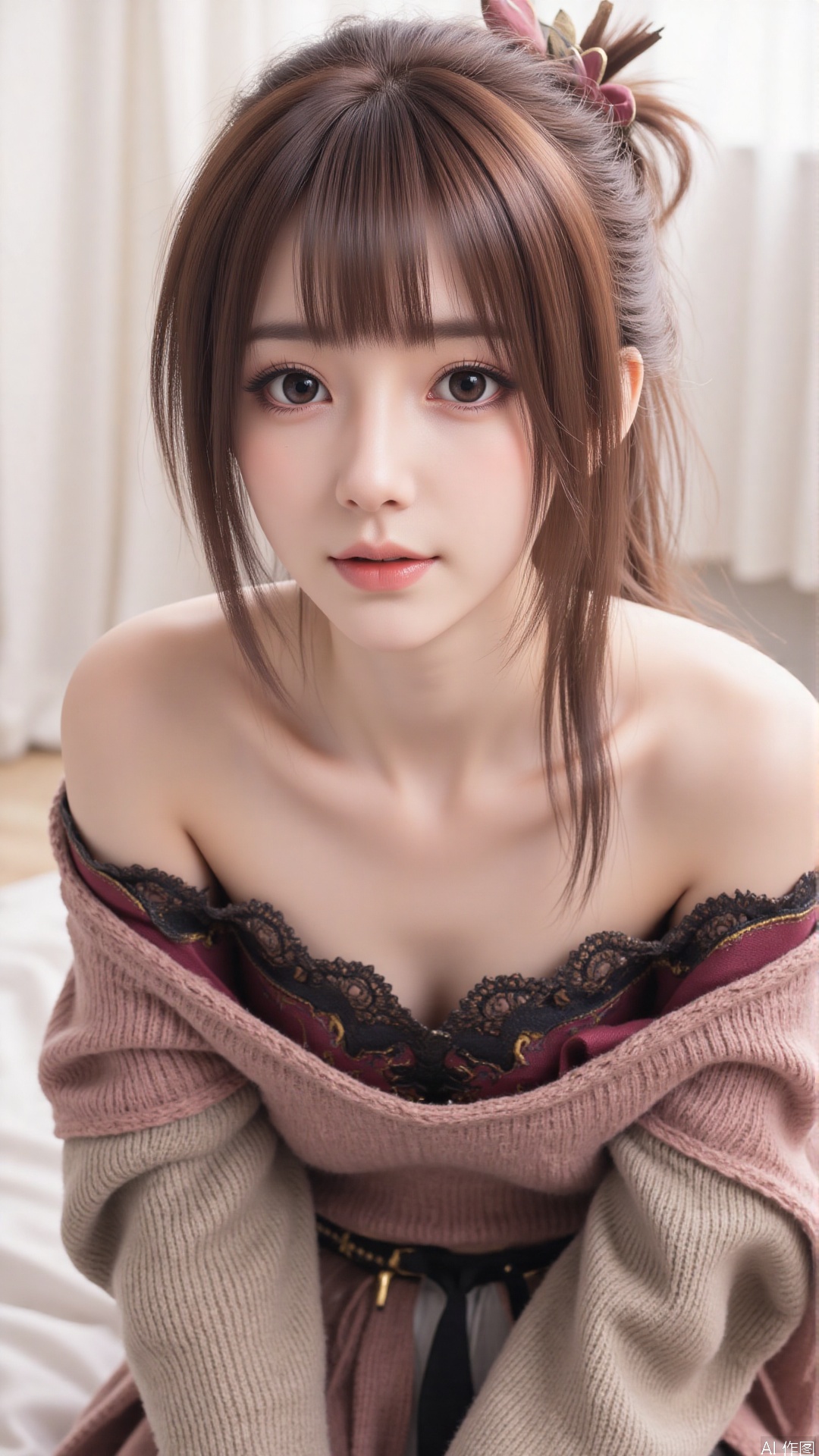 1girl, solo, long hair, looking at viewer, smile, sitting, collarbone, off shoulder, sweater, messy hair, realistic