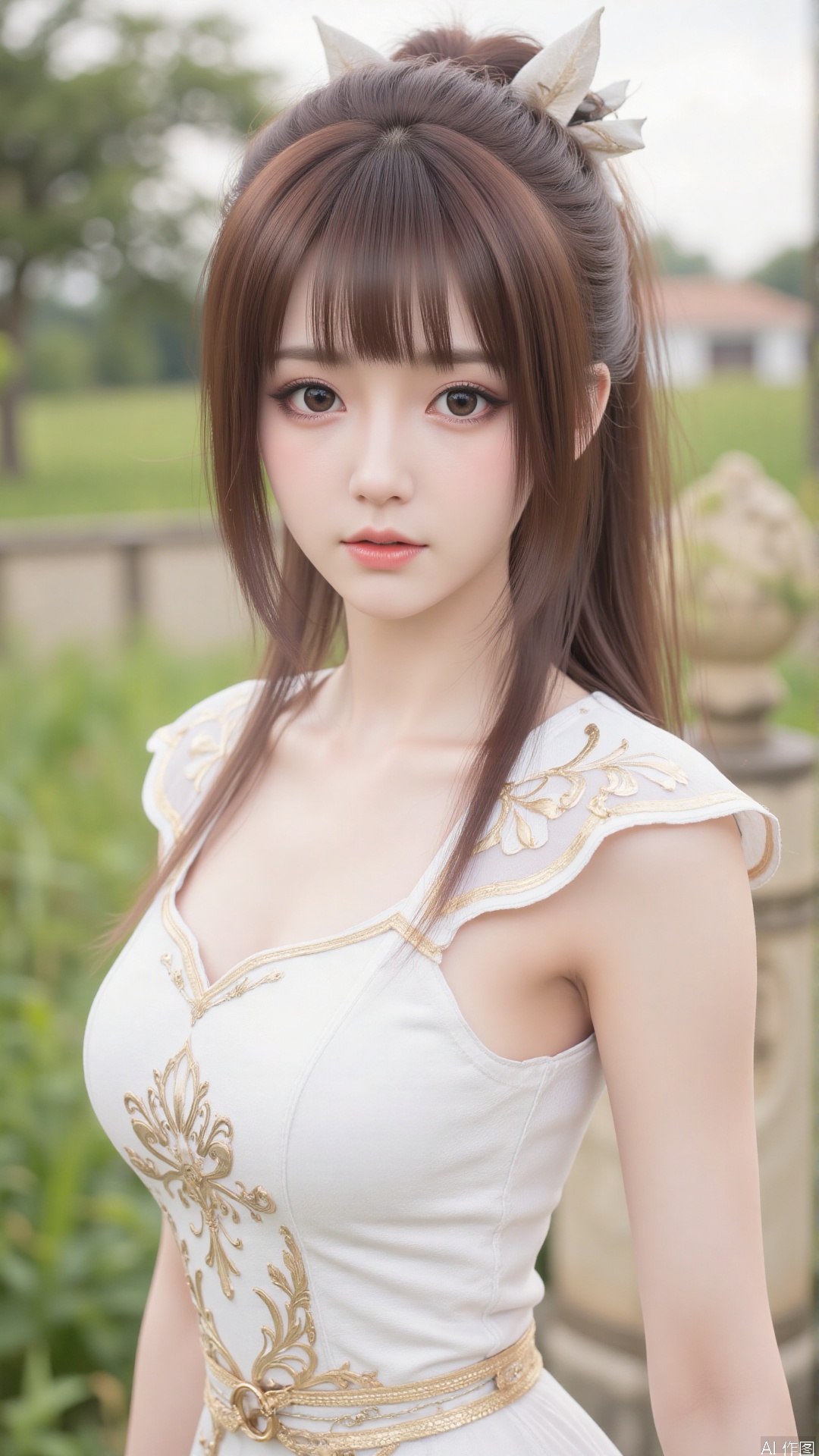 1girl, white wedding dress,looking at viewer, mischevious smile, perfect body, scenery, sharp focus, best quality, masterpiece, detailed outfit, illustration, perfect eyes, finely detailed beautiful anime eyes, realistic skin, intricate details, best lighting, depth of field, ultra high resolution, cowboy_shot, bride