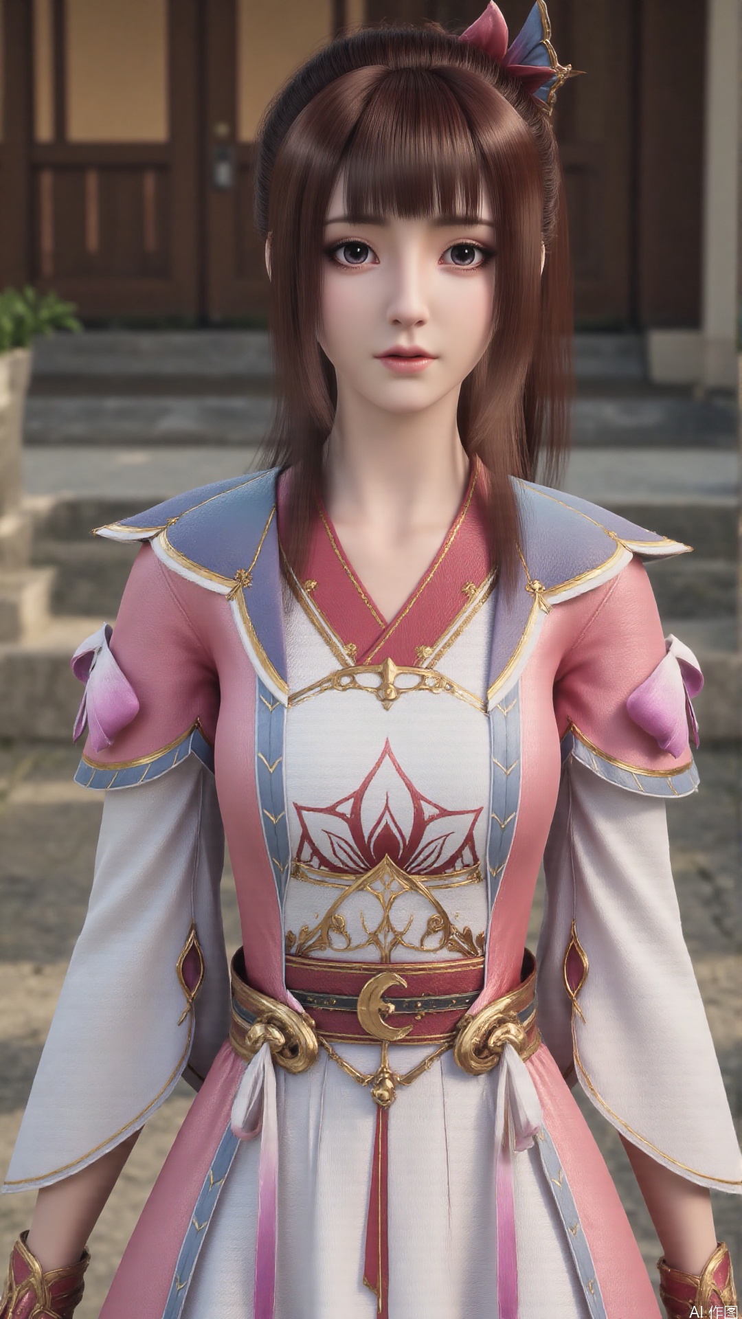 1girl, solo, brown hair, pink dress, ponytail, hair ornament, dress, looking at viewer, mischevious smile, perfect body, scenery, sharp focus, best quality, masterpiece, detailed outfit, illustration, perfect eyes, finely detailed beautiful anime eyes, realistic skin, intricate details, best lighting, depth of field, ultra high resolution,sitting