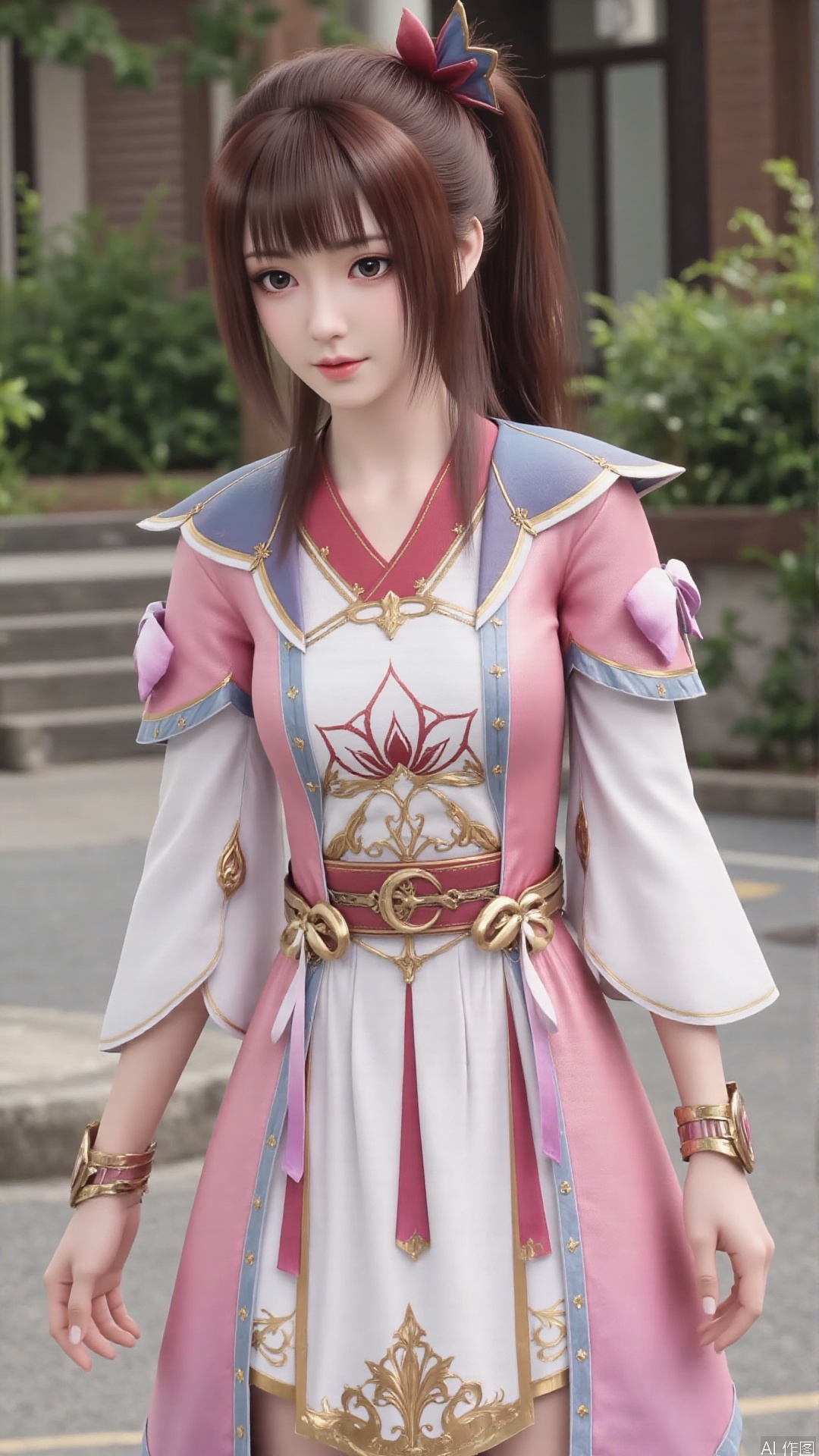 1girl, solo, brown hair, pink dress, ponytail, hair ornament, dress, looking at viewer, mischevious smile, perfect body, scenery, sharp focus, best quality, masterpiece, detailed outfit, illustration, perfect eyes, finely detailed beautiful anime eyes, realistic skin, intricate details, best lighting, depth of field, ultra high resolution,cowboy_shot