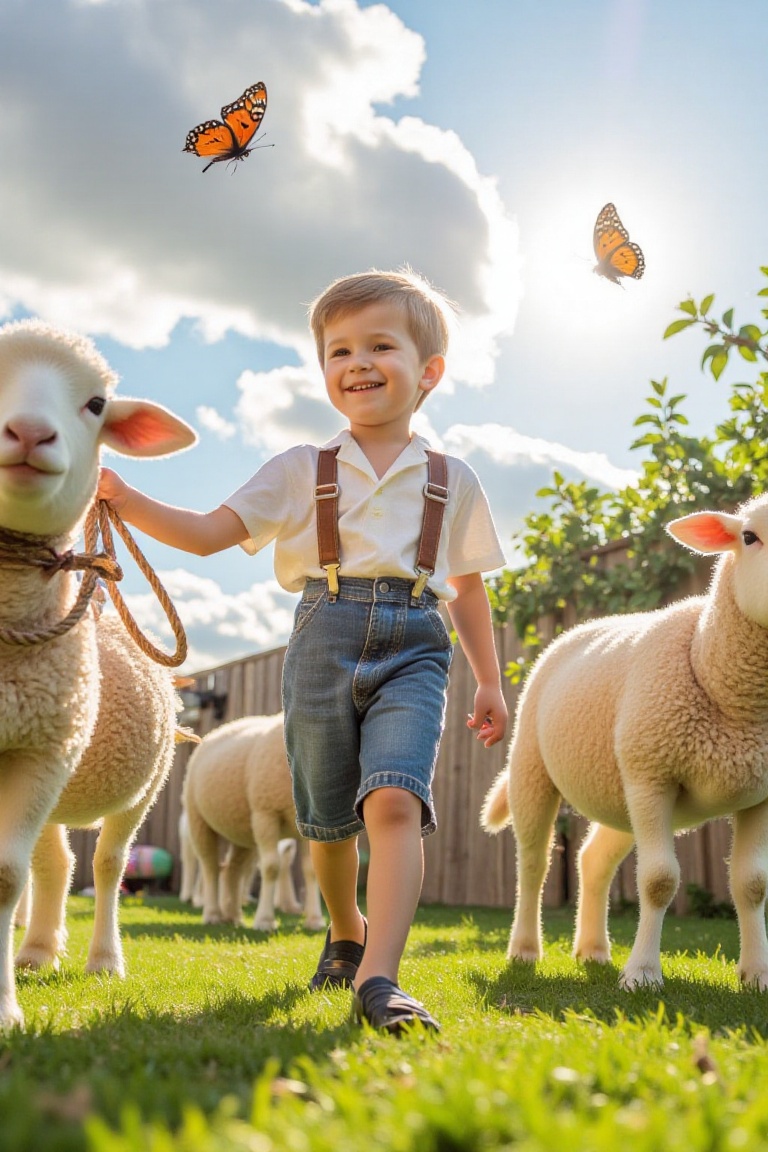 a child boy holds a rope bound to his sheep. He walked smiling with sheep,  the atmosphere in the yard of beautiful,  clou...