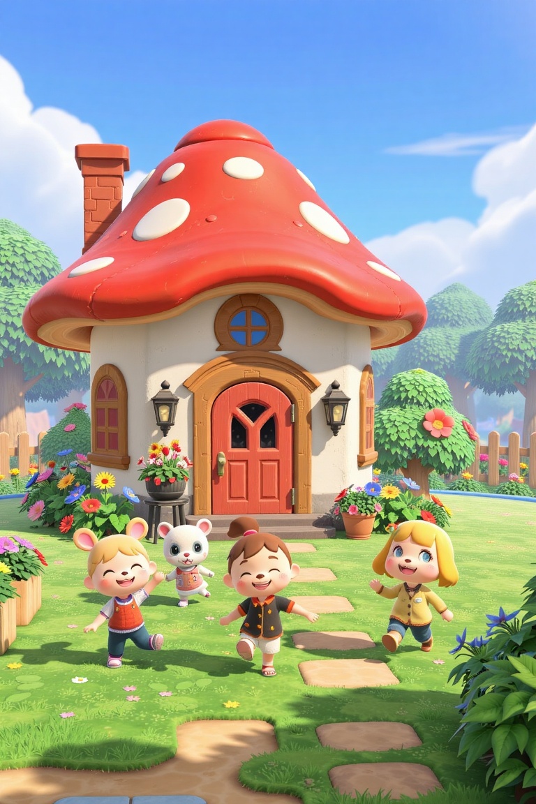 A sunny day in Animal Crossing,  a group of adorable children engage in a playful chase outside the vibrant and majestic m...