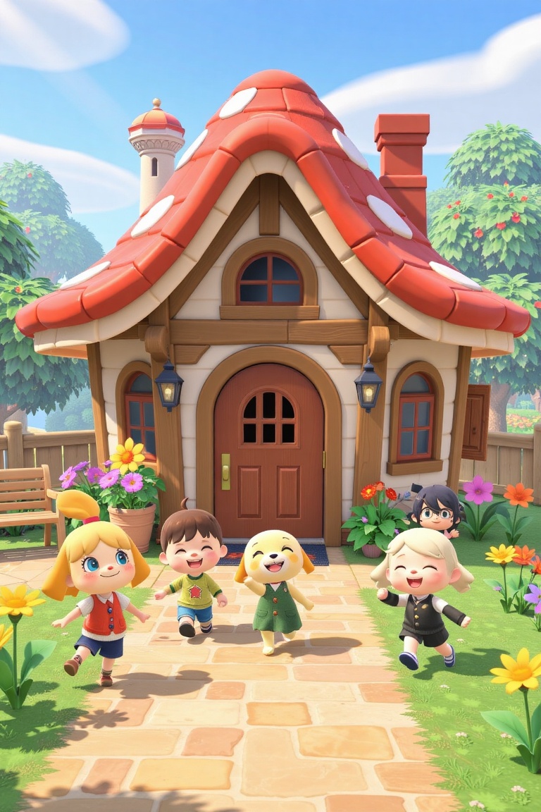 A sunny day in Animal Crossing,  a group of adorable children engage in a playful chase outside the vibrant and majestic m...