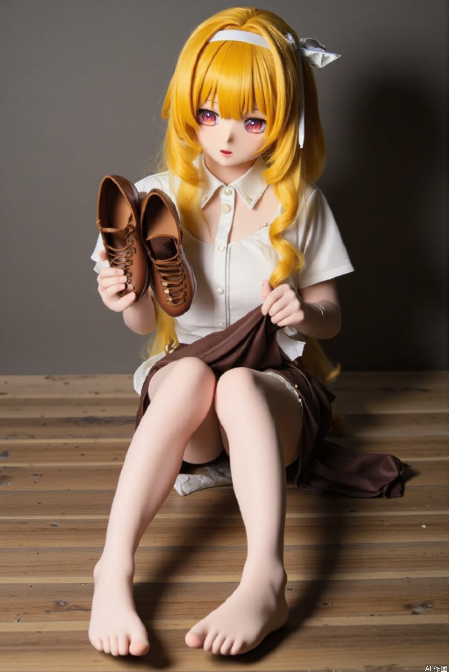 A YanQiaoke sits on a worn wooden floor, her long, curly yellow hair tied back with a ribbon headband. She wears a white shirt and a brown skirt, the latter lifted to reveal her socks and toes. Her brown eyes flash with disgust as she holds her shoes in one hand and lifts the hem of her skirt with the other, her feet bare and pale.,Head shell,cosplay,kigurumi:1.1