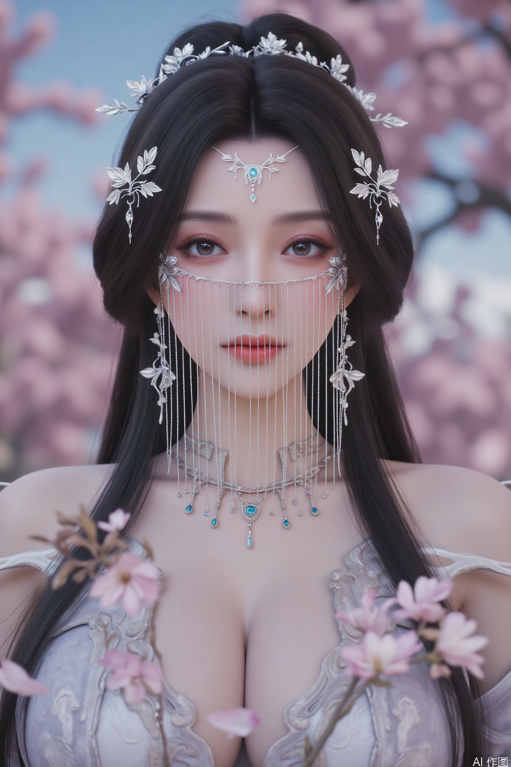 A highly detailed CGI image of a beautiful, fair-skinned woman with long, dark hair adorned with intricate, silver floral headpieces and delicate chains. She wears an elaborate, ethereal gown with a plunging neckline. Her serene expression and soft makeup enhance her ethereal beauty. 
The cherry blossoms in the foreground are presented by fisheye perspective photography,and the majestic atmosphere is more obvious in the soft blur. The petals fly all over the sky,like a dream,creating a shocking and spectacular atmosphere,which makes people feel as if they are in a fairyland.,