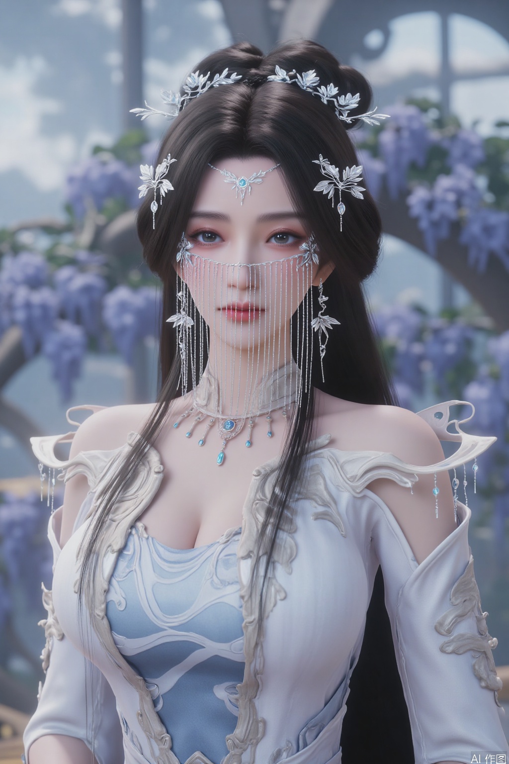  A highly detailed CGI image of a beautiful, fair-skinned woman with long, dark hair adorned with intricate, silver floral headpieces and delicate chains. She wears an elaborate, ethereal gown with a plunging neckline. Her serene expression and soft makeup enhance her ethereal beauty. 
Background features blooming wisteria trellis against pale blue sky, soft glow filter creating dreamy atmosphere, 4K HD quality, cinematic composition highlighting silk and skin luster.,large chest
