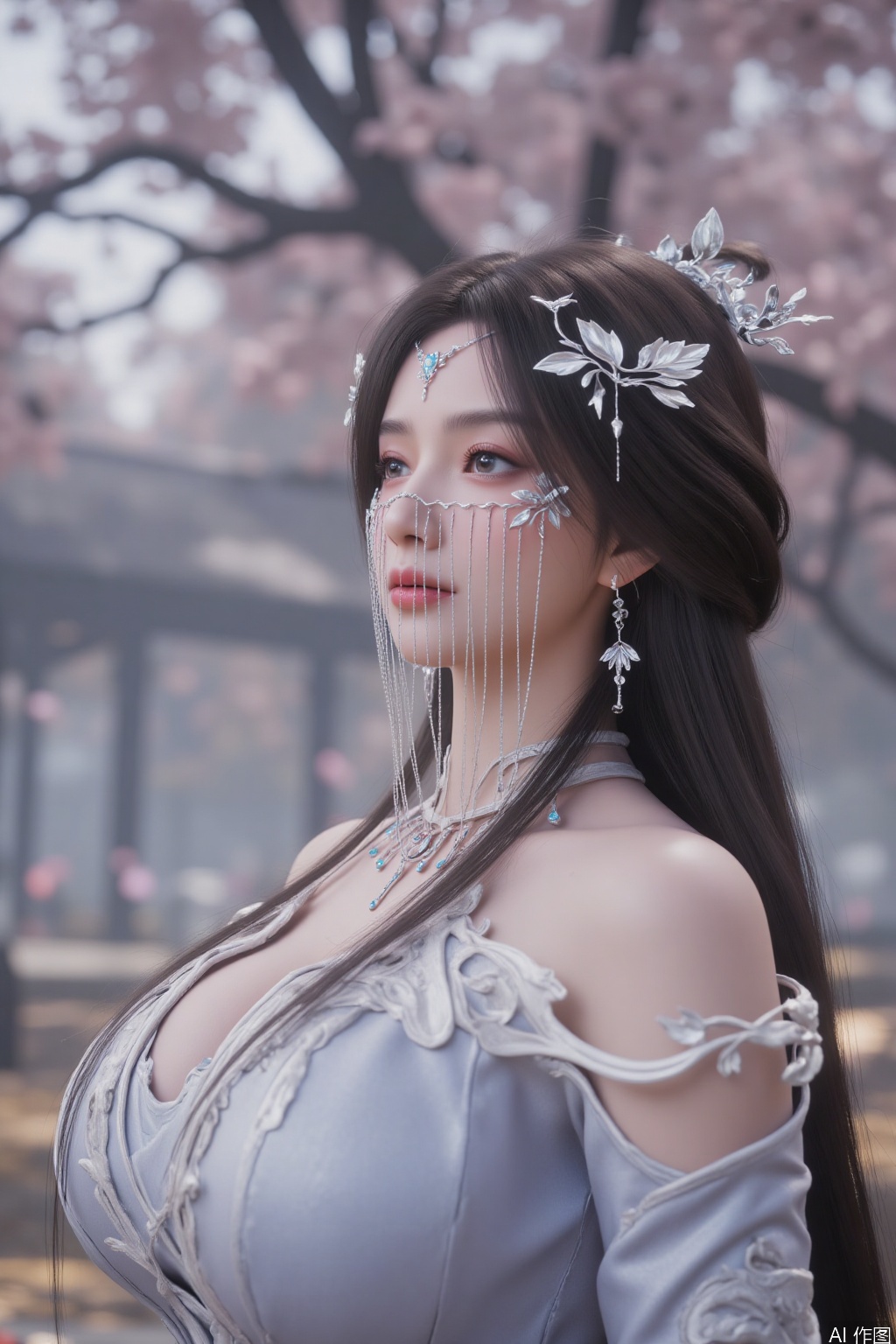 A highly detailed CGI image of a beautiful, fair-skinned woman with long, dark hair adorned with intricate, silver floral headpieces and delicate chains. She wears an elaborate, ethereal gown with a plunging neckline. Her serene expression and soft makeup enhance her ethereal beauty. 
The cherry blossoms in the foreground are presented by fisheye perspective photography,and the majestic atmosphere is more obvious in the soft blur. The petals fly all over the sky,like a dream,creating a shocking and spectacular atmosphere,which makes people feel as if they are in a fairyland.,