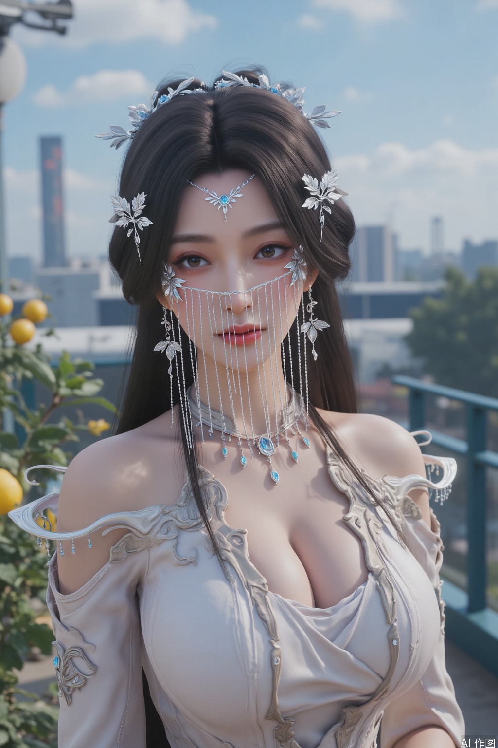  A highly detailed CGI image of a beautiful, fair-skinned woman with long, dark hair adorned with intricate, silver floral headpieces and delicate chains. She wears an elaborate, ethereal gown with a plunging neckline. Her serene expression and soft makeup enhance her ethereal beauty. 
Background shows sun-dappled urban rooftop garden with glass railings reflecting blue sky clouds, foreground scattered with lemon slices and mint leaves. Soft sidelight creates translucent skin texture, hair flowing in breeze with shallow depth of field and soft focus effect, presenting fresh natural summer fashion atmosphere