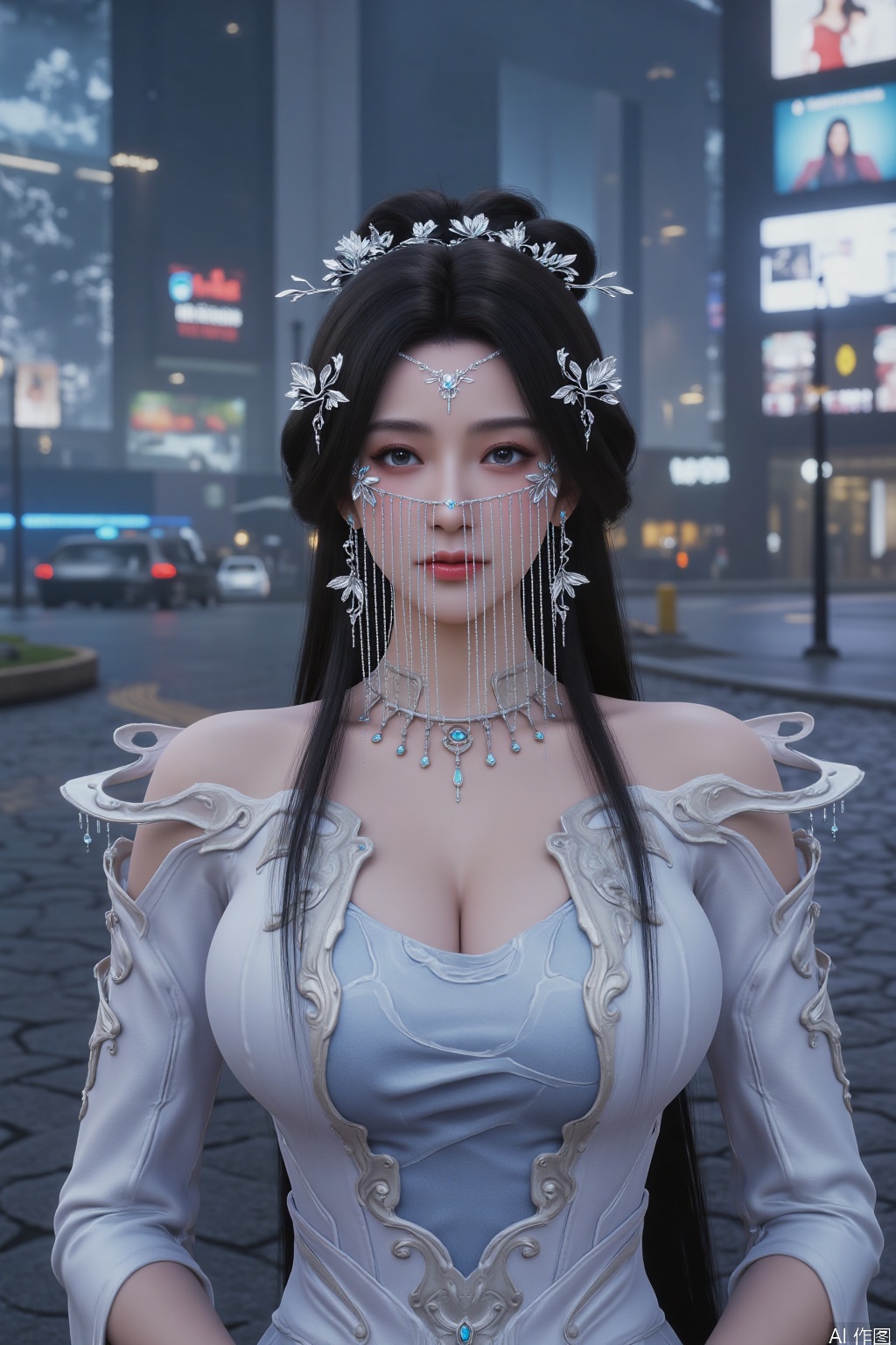  A highly detailed CGI image of a beautiful, fair-skinned woman with long, dark hair adorned with intricate, silver floral headpieces and delicate chains. She wears an elaborate, ethereal gown with a plunging neckline. Her serene expression and soft makeup enhance her ethereal beauty. 
She has pale skin,backed by skyscrapers covered in holographic ads and hovering vehicles. Neon reflections ripple across wet pavement, rendered in surreal cyberpunk color grading with cinematic lighting that highlights the tension between technology and organic beauty.,large chest