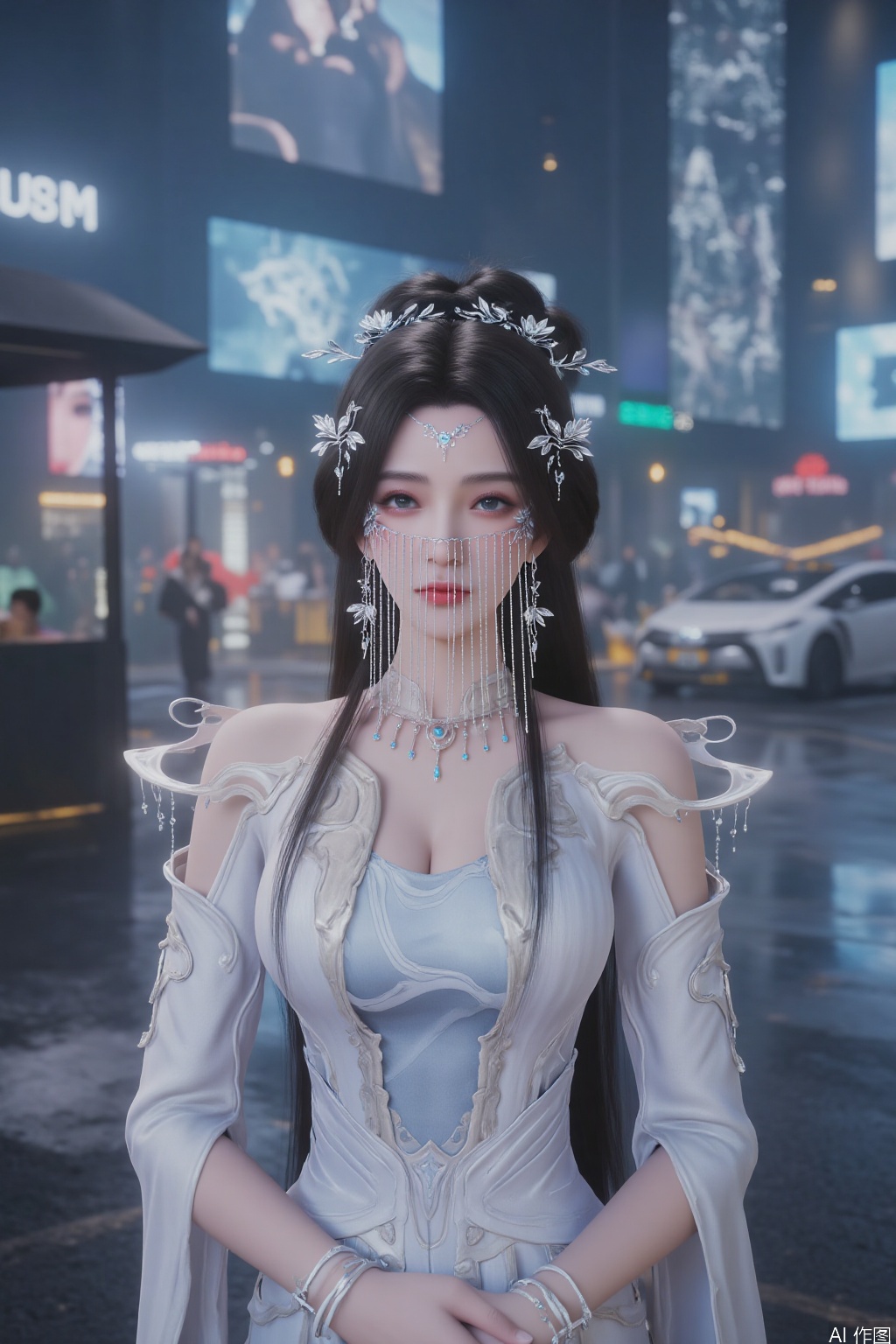  A highly detailed CGI image of a beautiful, fair-skinned woman with long, dark hair adorned with intricate, silver floral headpieces and delicate chains. She wears an elaborate, ethereal gown with a plunging neckline. Her serene expression and soft makeup enhance her ethereal beauty. 
She has pale skin,backed by skyscrapers covered in holographic ads and hovering vehicles. Neon reflections ripple across wet pavement, rendered in surreal cyberpunk color grading with cinematic lighting that highlights the tension between technology and organic beauty.,large chest