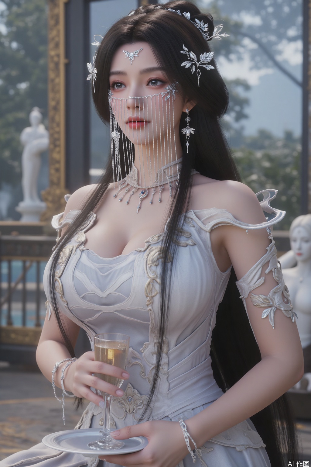  A highly detailed CGI image of a beautiful, fair-skinned woman with long, dark hair adorned with intricate, silver floral headpieces and delicate chains. She wears an elaborate, ethereal gown with a plunging neckline. Her serene expression and soft makeup enhance her ethereal beauty. 
situated at [Background: high-rise hotel observatory/private gallery space/Parisian café terrace/yacht deck], holding [Props: champagne flute/art catalog/custom pastry tray/new luxury brand gift box], captured in [Style: old money film grain/Instagram influencer composition/commercial soft lighting], surrounded by [Decor elements: crystal chandeliers/contemporary sculptures/tropical plants/neon signs], color palette [Color scheme: Morandi tones/cream & rose gold/monochrome minimalism], highlighting [Details: fabric drape reflections/bokeh light spots/jewelry metallic sheen]"
