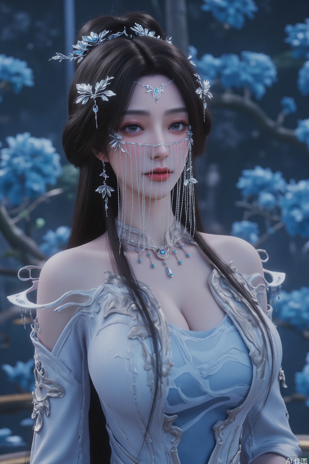  A highly detailed CGI image of a beautiful, fair-skinned woman with long, dark hair adorned with intricate, silver floral headpieces and delicate chains. She wears an elaborate, ethereal gown with a plunging neckline. Her serene expression and soft makeup enhance her ethereal beauty. 
beautiful and elegant princess,full body photo,,fashion clothing,huge flowers,delicate stamen,the delicate facial features,flying petals,surrounded by flowers,dark blue atmosphere,(flowers of dark blue:1.3),(klein blue:1.3),shining fluorescence,the glowing colors of the night,crystal clear petals,many delicate aqua blue flowers,blue floodlight like the ocean,, (masterpiece:1,2), best quality, masterpiece, highres, original, extremely detailed wallpaper, perfect lighting,(extremely detailed CG:1.2ï¼,large chest,busty woman,fantasy