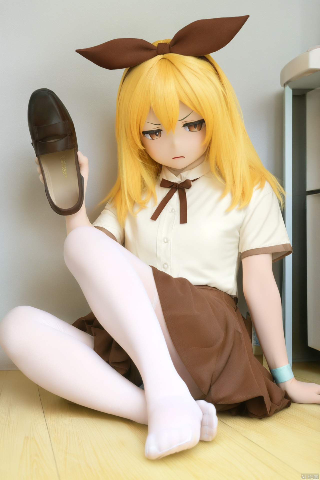 A YanQiaoke sits on a worn wooden floor, her long, curly yellow hair tied back with a ribbon headband. She wears a white shirt and a brown skirt, the latter lifted to reveal her socks and toes. Her brown eyes flash with disgust as she holds her shoes in one hand and lifts the hem of her skirt with the other, her feet bare and pale.