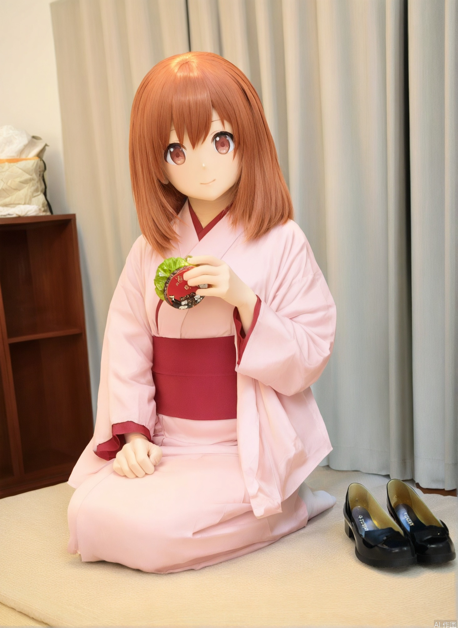 An adorable girl, holding her leather shoes as if they were a lunchbox, sits on the bed in a "seiza" (Japanese-style sitting) position.  
