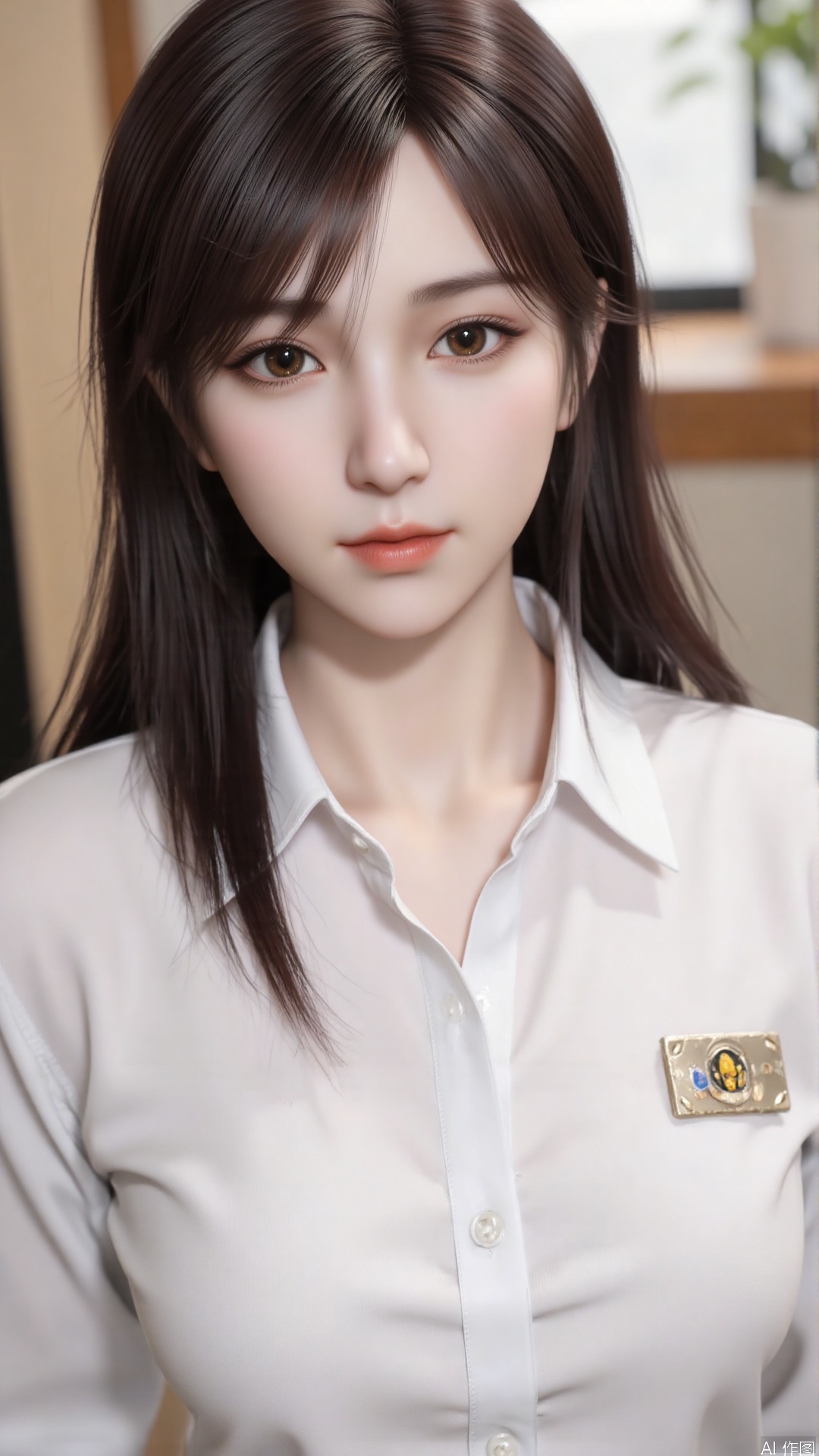 1girl, solo, brown eyes, badge, (white shirt:1.4), brown hair, lips, long hair, (collared shirt:1.4), looking at viewer, mischevious smile, perfect body, scenery, sharp focus, best quality, masterpiece, detailed outfit, illustration, perfect eyes, finely detailed beautiful anime eyes, realistic skin, intricate details, best lighting, depth of field, ultra high resolution,cowboy_shot
