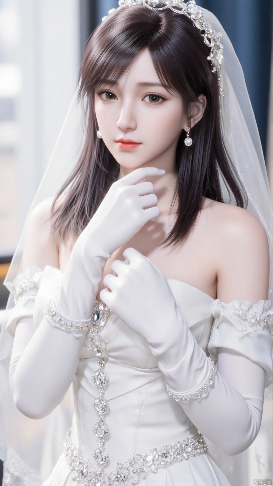 1girl, dress, veil, (wedding dress:1.4), solo, gloves, bridal veil, black hair, jewelry, earrings, elbow gloves, bride, realistic, bare shoulders, (white dress:1.4), white gloves, breasts, gem, looking at viewer, mischevious smile, perfect body, scenery, sharp focus, best quality, masterpiece, detailed outfit, illustration, perfect eyes, finely detailed beautiful anime eyes, realistic skin, intricate details, best lighting, depth of field, ultra high resolution,cowboy_shot