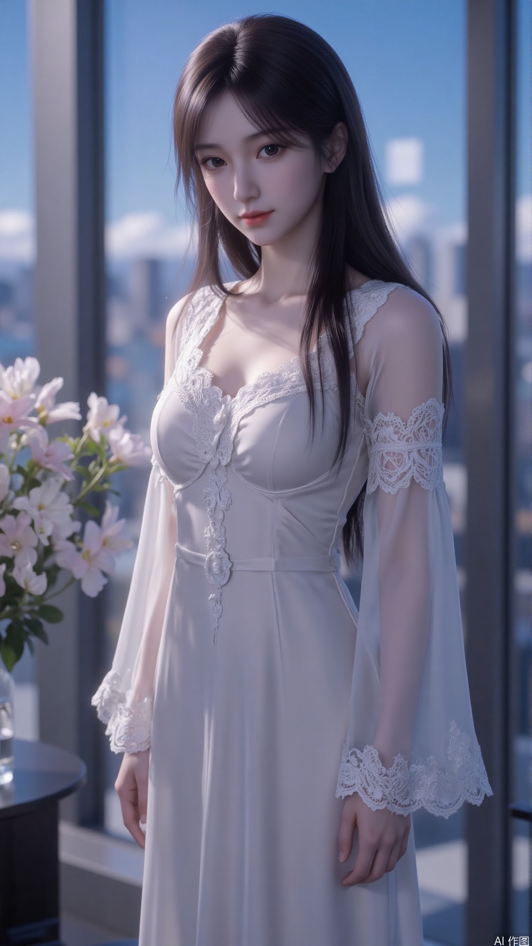 1girl, solo, black hair, long hair, (nightgown:1.4), dress, see-through, breasts, (wide sleeves:1.4), looking at viewer, mischevious smile, perfect body, scenery, sharp focus, best quality, masterpiece, detailed outfit, illustration, perfect eyes, finely detailed beautiful anime eyes, realistic skin, intricate details, best lighting, depth of field, ultra high resolution,cowboy_shot