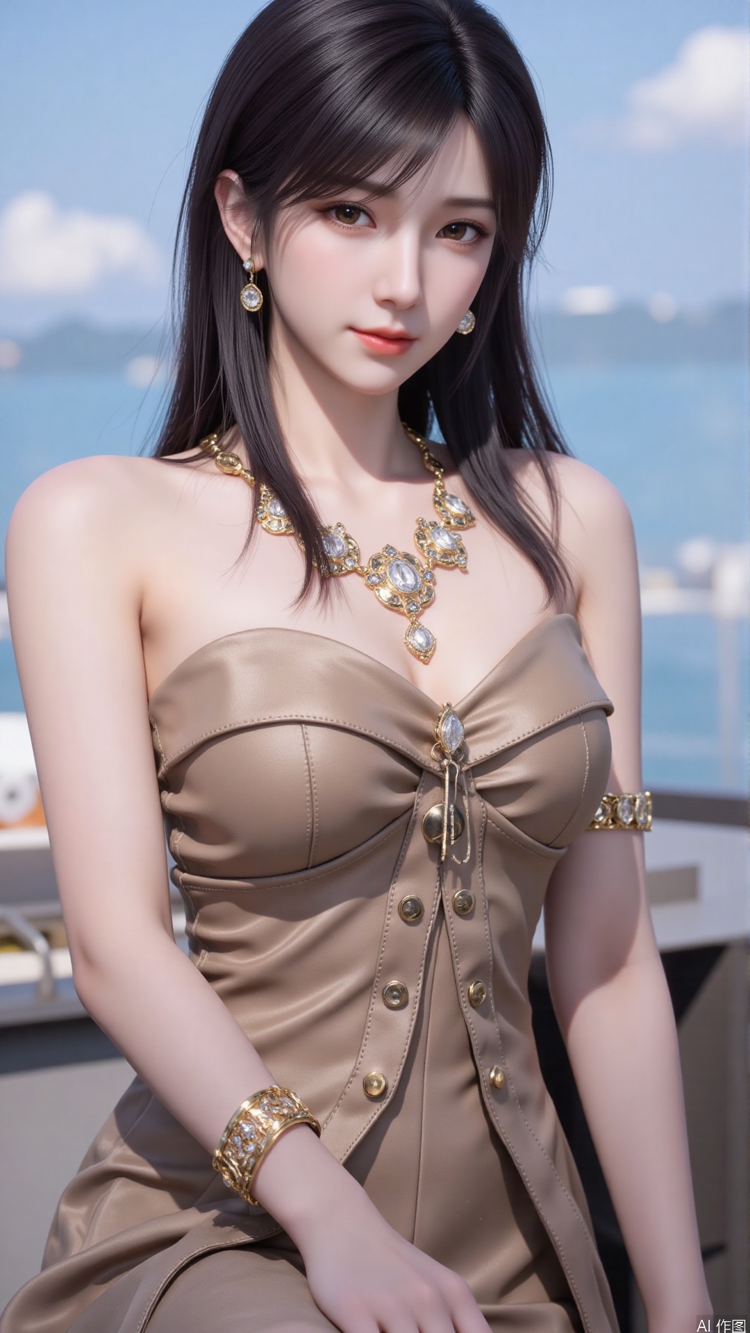1girl, solo, jewelry, earrings, black hair, necklace, long hair, long dress, bare shoulders, brown eyes, strapless, lips, armlet, looking at viewer, mischevious smile, perfect body, scenery, sharp focus, best quality, masterpiece, detailed outfit, illustration, perfect eyes, finely detailed beautiful anime eyes, realistic skin, intricate details, best lighting, depth of field, ultra high resolution,cowboy_shot