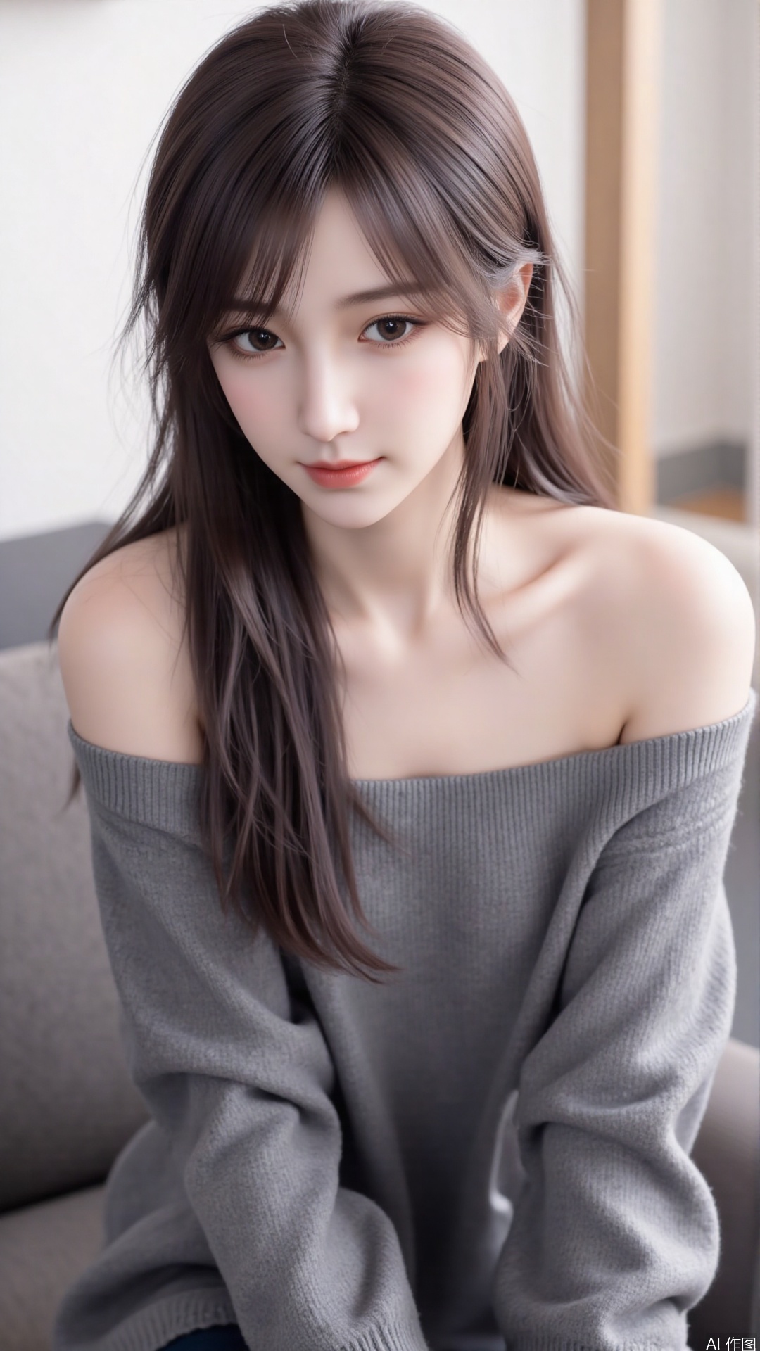 1girl, solo, long hair, looking at viewer, smile, sitting, collarbone, off shoulder, sweater, messy hair, realistic
