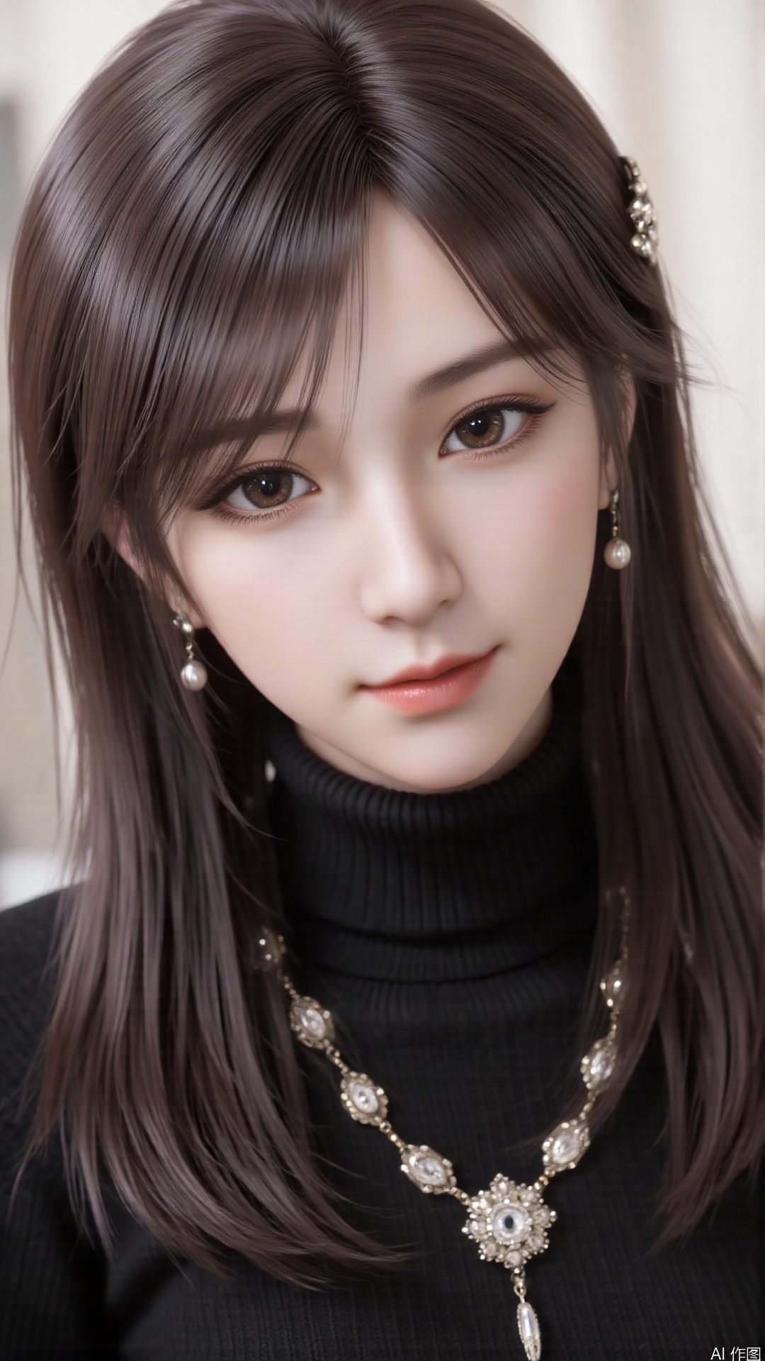 1girl, solo, jewelry, brown eyes, earrings, long hair, necklace, brown hair, hair ornament, (black sweater:1.4), looking at viewer, mischevious smile, perfect body, scenery, sharp focus, best quality, masterpiece, detailed outfit, illustration, perfect eyes, finely detailed beautiful anime eyes, realistic skin, intricate details, best lighting, depth of field, ultra high resolution,cowboy_shot