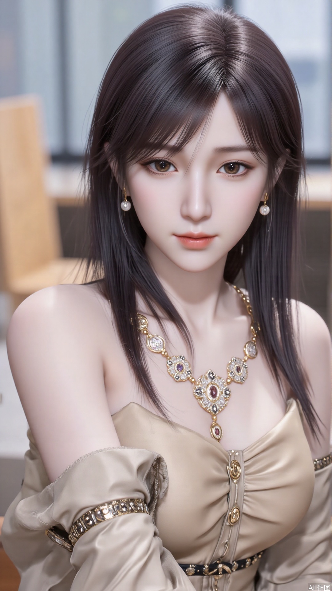 1girl, solo, jewelry, earrings, black hair, necklace, long hair, long dress, bare shoulders, brown eyes, strapless, lips, armlet, looking at viewer, mischevious smile, perfect body, scenery, sharp focus, best quality, masterpiece, detailed outfit, illustration, perfect eyes, finely detailed beautiful anime eyes, realistic skin, intricate details, best lighting, depth of field, ultra high resolution,cowboy_shot