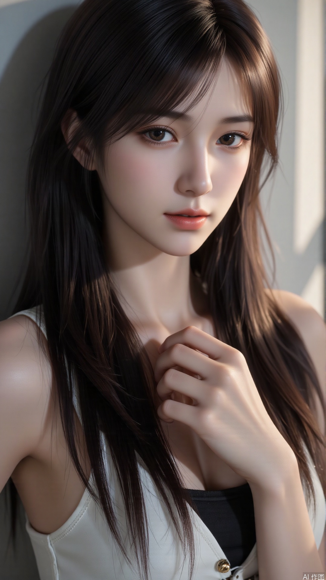  a asian woman, sexy long hair, blue eyes, charming and seductive temperament, distant close-up, golden ratio, movie texture, minimalism, high-end feeling, strong contrast between cold and warm, outdoor scenes, 