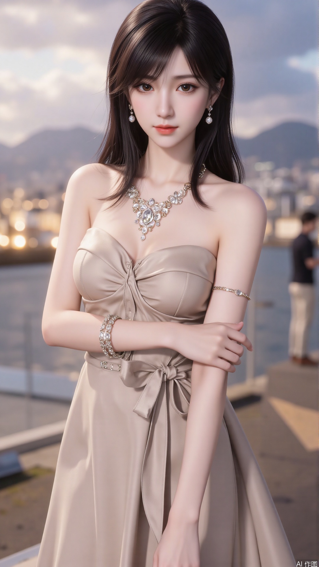 1girl, solo, jewelry, earrings, black hair, necklace, long hair, long dress, bare shoulders, brown eyes, strapless, lips, armlet, looking at viewer, mischevious smile, perfect body, scenery, sharp focus, best quality, masterpiece, detailed outfit, illustration, perfect eyes, finely detailed beautiful anime eyes, realistic skin, intricate details, best lighting, depth of field, ultra high resolution,cowboy_shot
