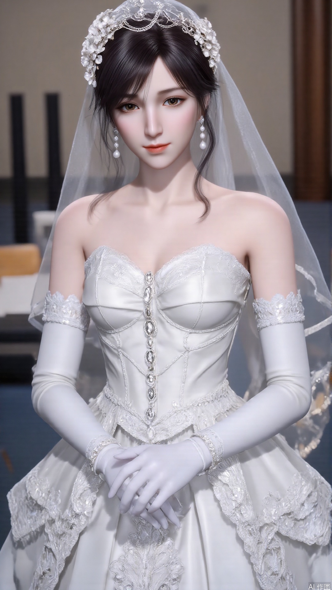1girl, dress, veil, (wedding dress:1.4), solo, gloves, bridal veil, black hair, jewelry, earrings, elbow gloves, bride, realistic, bare shoulders, (white dress:1.4), white gloves, breasts, gem, looking at viewer, mischevious smile, perfect body, scenery, sharp focus, best quality, masterpiece, detailed outfit, illustration, perfect eyes, finely detailed beautiful anime eyes, realistic skin, intricate details, best lighting, depth of field, ultra high resolution,cowboy_shot