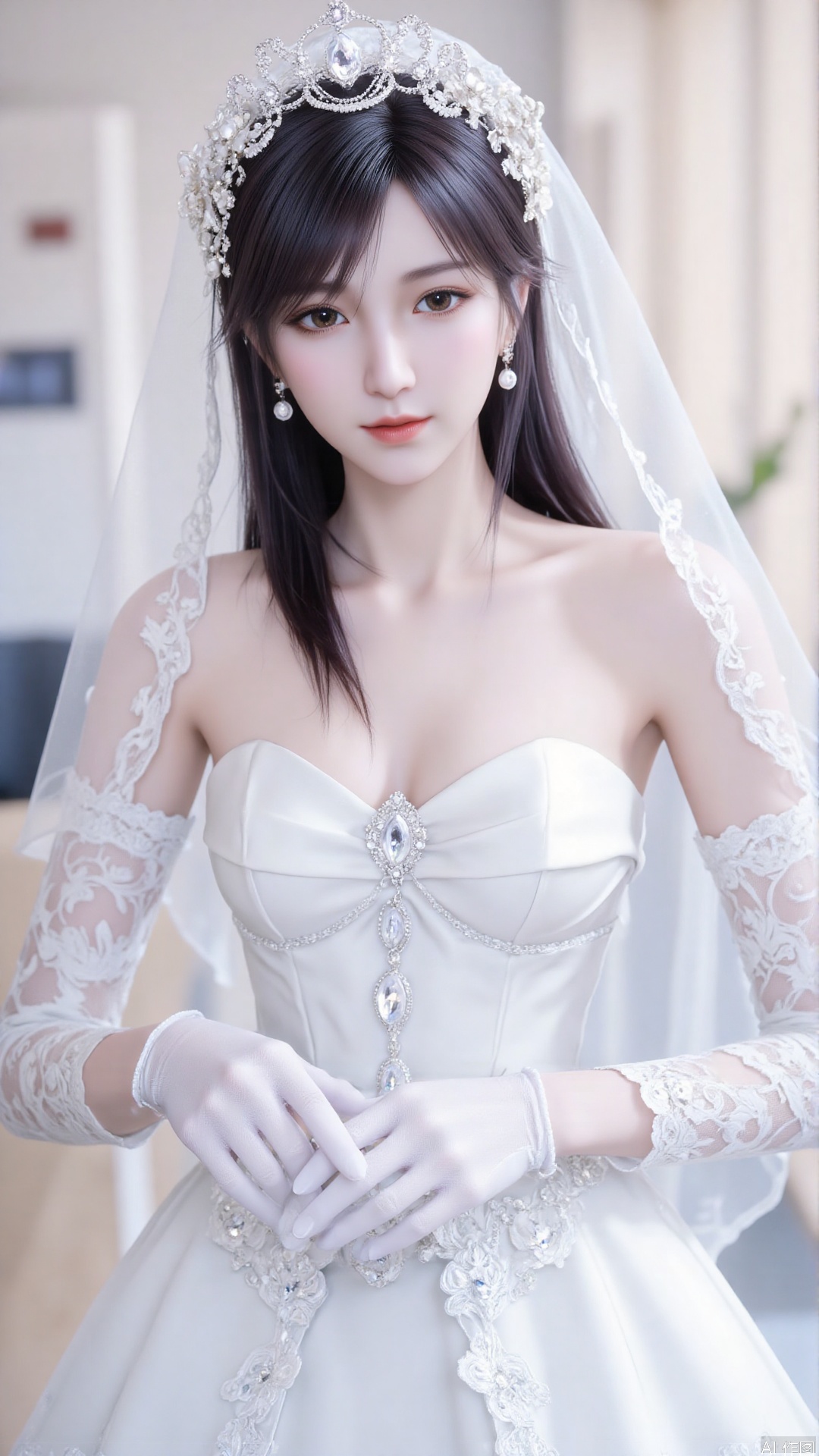 1girl, dress, veil, (wedding dress:1.4), solo, gloves, bridal veil, black hair, jewelry, earrings, elbow gloves, bride, realistic, bare shoulders, (white dress:1.4), white gloves, breasts, gem, looking at viewer, mischevious smile, perfect body, scenery, sharp focus, best quality, masterpiece, detailed outfit, illustration, perfect eyes, finely detailed beautiful anime eyes, realistic skin, intricate details, best lighting, depth of field, ultra high resolution,cowboy_shot