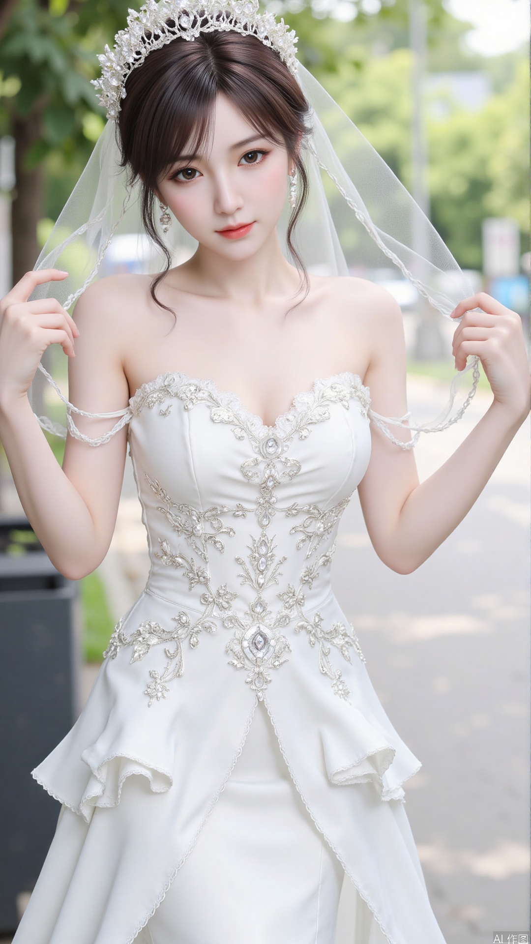 1girl, white wedding dress,looking at viewer, mischevious smile, perfect body, scenery, sharp focus, best quality, masterpiece, detailed outfit, illustration, perfect eyes, finely detailed beautiful anime eyes, realistic skin, intricate details, best lighting, depth of field, ultra high resolution, cowboy_shot, bride