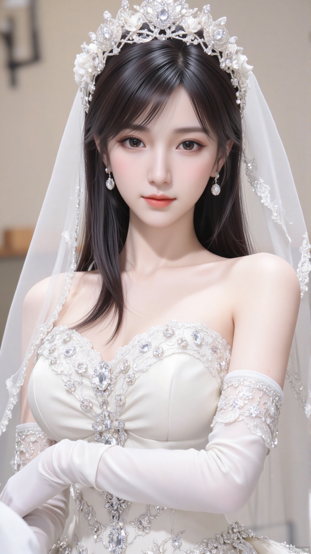 1girl, dress, veil, (wedding dress:1.4), solo, gloves, bridal veil, black hair, jewelry, earrings, elbow gloves, bride, realistic, bare shoulders, (white dress:1.4), white gloves, breasts, gem, looking at viewer, mischevious smile, perfect body, scenery, sharp focus, best quality, masterpiece, detailed outfit, illustration, perfect eyes, finely detailed beautiful anime eyes, realistic skin, intricate details, best lighting, depth of field, ultra high resolution,cowboy_shot