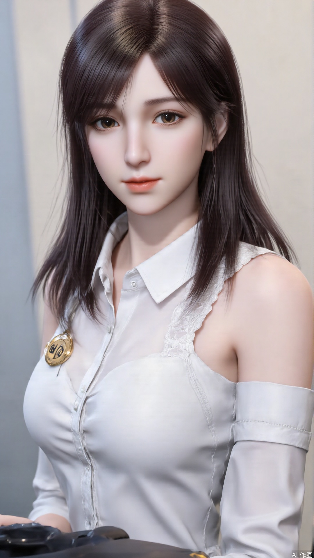 1girl, solo, brown eyes, badge, (white shirt:1.4), brown hair, lips, long hair, (collared shirt:1.4), looking at viewer, mischevious smile, perfect body, scenery, sharp focus, best quality, masterpiece, detailed outfit, illustration, perfect eyes, finely detailed beautiful anime eyes, realistic skin, intricate details, best lighting, depth of field, ultra high resolution,cowboy_shot