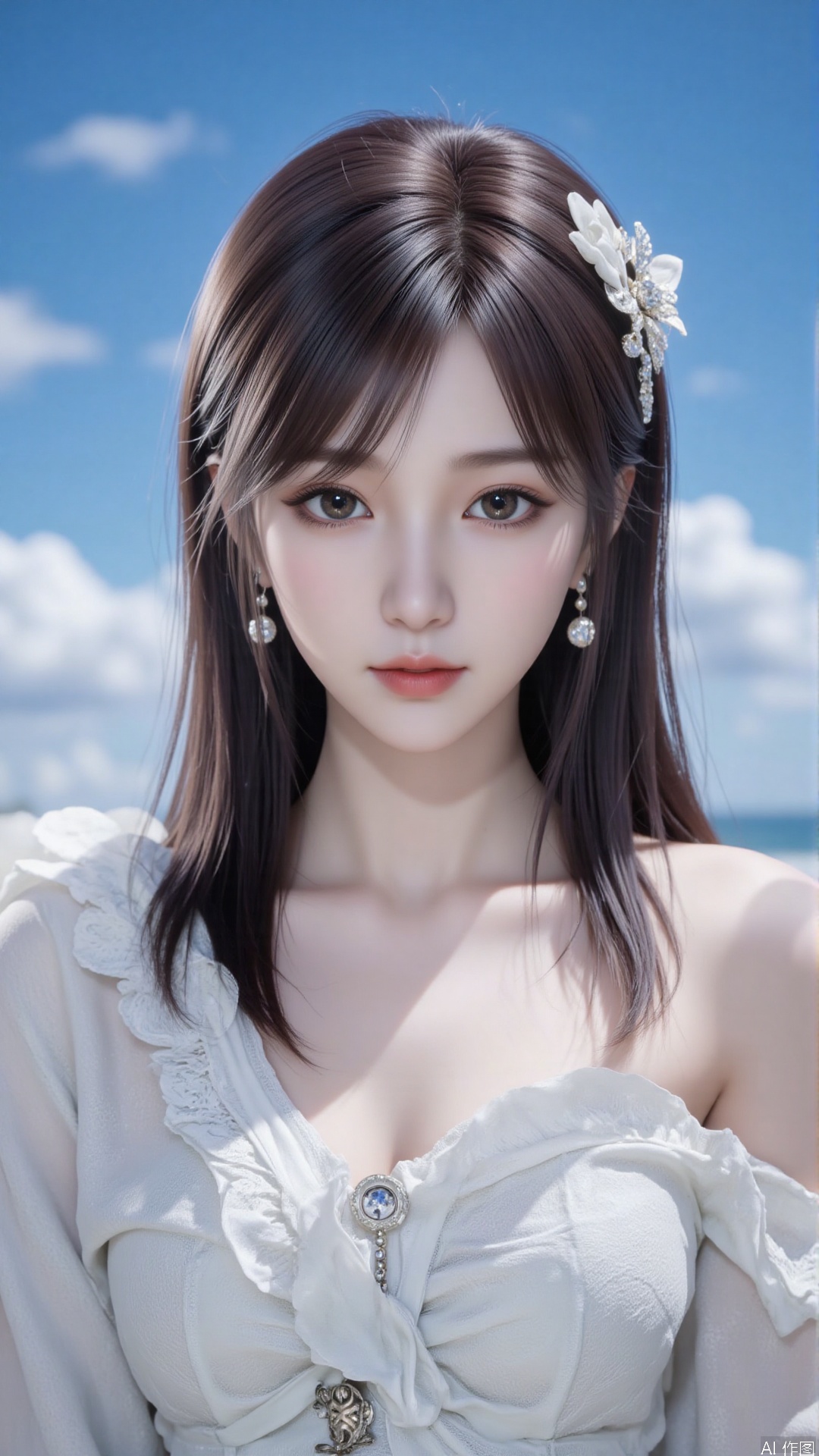 Very detailed face, extremely detailed eyes and face, blue eyes, (vacuum), 8K wallpaper, light leak, beautiful and detailed girl, extremely detailed CGUnity8K wallpaper, an extremely detailed and beautiful, beautiful and detailed eyes, masterpiece, best quality, Real photo level, (frontal shooting panoramic perspective), ( (Full body photo)), dynamic angle, dynamic pose, solo, ancient style silver hairpin with petals, blue sky and white clouds, (C cup), (huge round breasts), slender legs, super good figure, stunning beauty, (whole body in the mirror) , (wearing Lolita nightgown), (light reflects the shadow of the body through the clothes),vacuum,bare and smooth