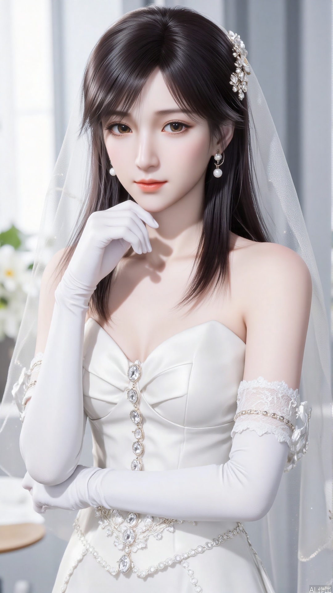 1girl, dress, veil, (wedding dress:1.4), solo, gloves, bridal veil, black hair, jewelry, earrings, elbow gloves, bride, realistic, bare shoulders, (white dress:1.4), white gloves, breasts, gem, looking at viewer, mischevious smile, perfect body, scenery, sharp focus, best quality, masterpiece, detailed outfit, illustration, perfect eyes, finely detailed beautiful anime eyes, realistic skin, intricate details, best lighting, depth of field, ultra high resolution,cowboy_shot