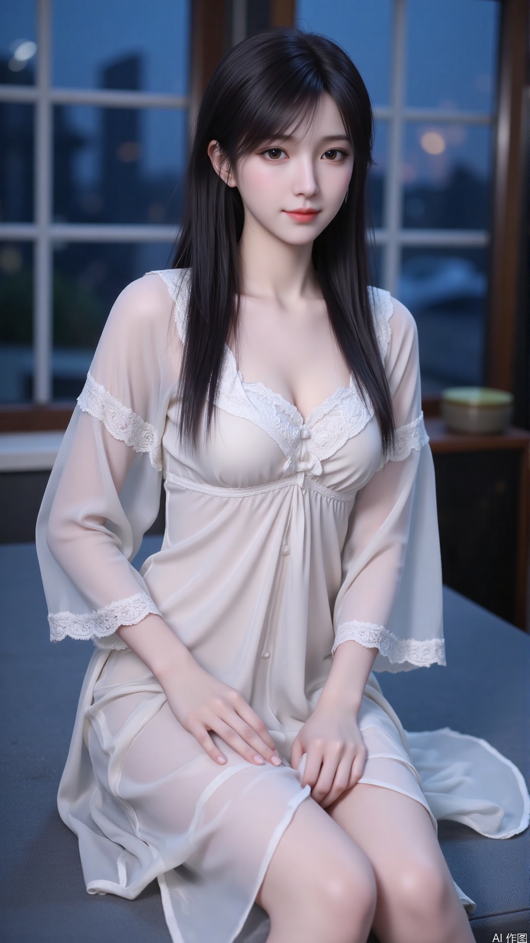 1girl, solo, black hair, long hair, (nightgown:1.4), dress, see-through, breasts, (wide sleeves:1.4), looking at viewer, mischevious smile, perfect body, scenery, sharp focus, best quality, masterpiece, detailed outfit, illustration, perfect eyes, finely detailed beautiful anime eyes, realistic skin, intricate details, best lighting, depth of field, ultra high resolution,cowboy_shot