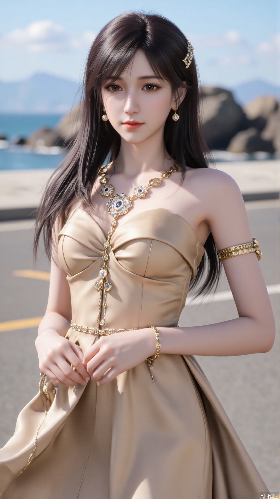 1girl, solo, jewelry, earrings, black hair, necklace, long hair, long dress, bare shoulders, brown eyes, strapless, lips, armlet, looking at viewer, mischevious smile, perfect body, scenery, sharp focus, best quality, masterpiece, detailed outfit, illustration, perfect eyes, finely detailed beautiful anime eyes, realistic skin, intricate details, best lighting, depth of field, ultra high resolution,cowboy_shot