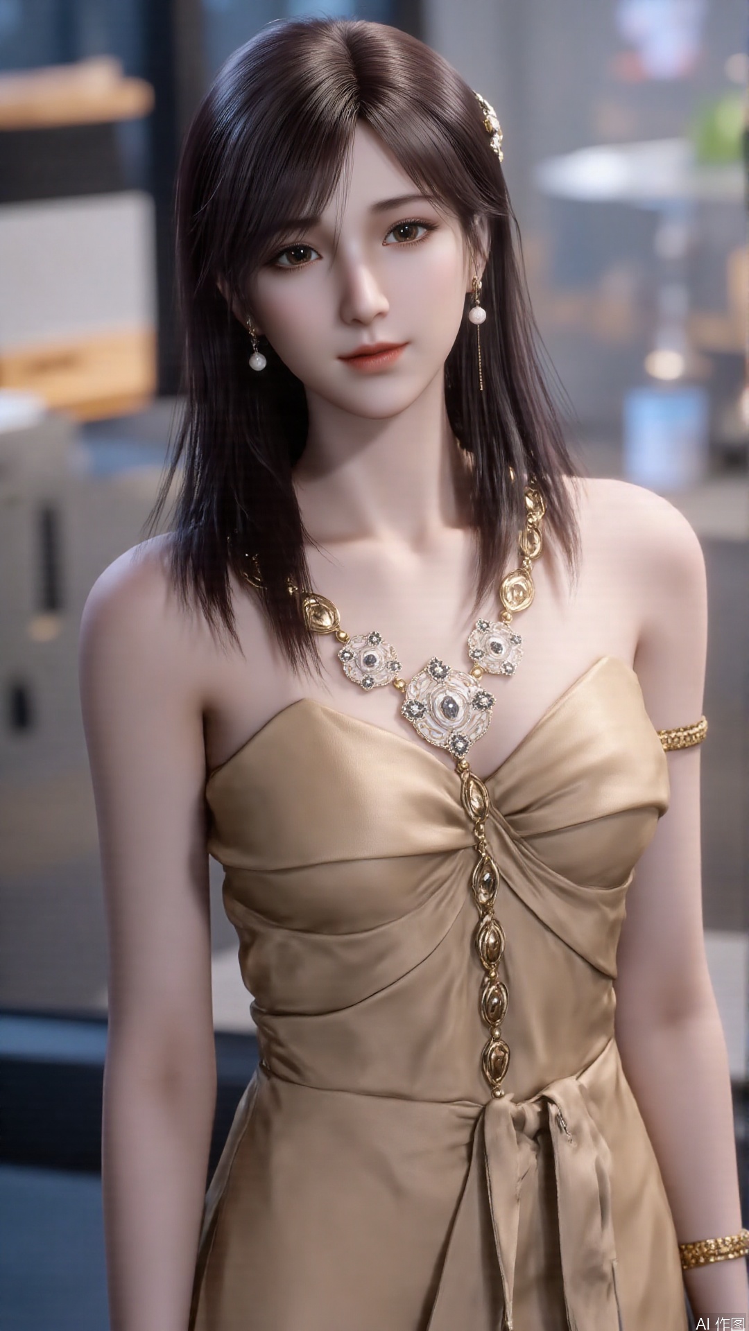 1girl, solo, jewelry, earrings, black hair, necklace, long hair, long dress, bare shoulders, brown eyes, strapless, lips, armlet, looking at viewer, mischevious smile, perfect body, scenery, sharp focus, best quality, masterpiece, detailed outfit, illustration, perfect eyes, finely detailed beautiful anime eyes, realistic skin, intricate details, best lighting, depth of field, ultra high resolution,cowboy_shot