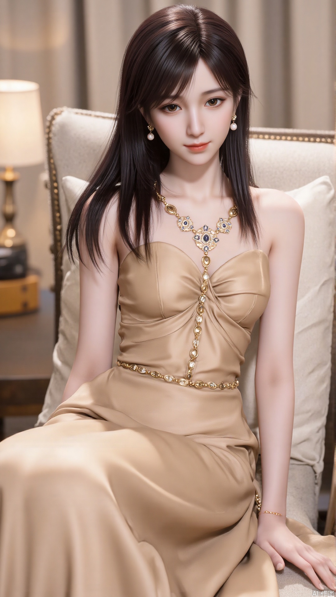 1girl, solo, jewelry, earrings, black hair, necklace, long hair, long dress, bare shoulders, brown eyes, strapless, lips, armlet, looking at viewer, mischevious smile, perfect body, scenery, sharp focus, best quality, masterpiece, detailed outfit, illustration, perfect eyes, finely detailed beautiful anime eyes, realistic skin, intricate details, best lighting, depth of field, ultra high resolution,cowboy_shot