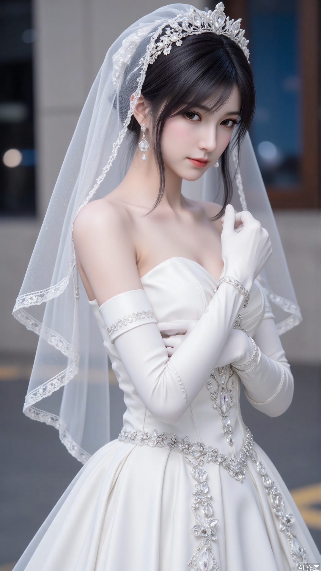 1girl, dress, veil, (wedding dress:1.4), solo, gloves, bridal veil, black hair, jewelry, earrings, elbow gloves, bride, realistic, bare shoulders, (white dress:1.4), white gloves, breasts, gem, looking at viewer, mischevious smile, perfect body, scenery, sharp focus, best quality, masterpiece, detailed outfit, illustration, perfect eyes, finely detailed beautiful anime eyes, realistic skin, intricate details, best lighting, depth of field, ultra high resolution,cowboy_shot