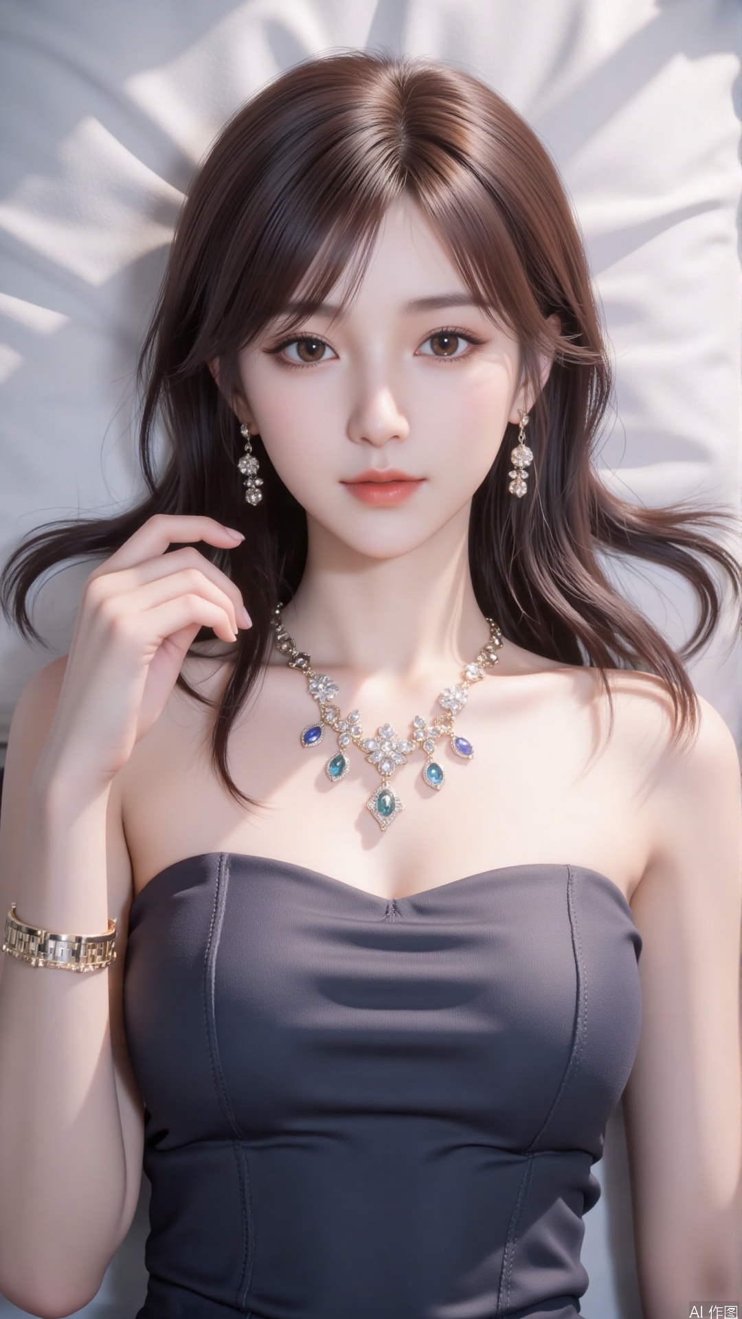 1girl, solo, jewelry, earrings, breasts, necklace, dress, realistic, bare shoulders, looking at viewer, lying, perfect body, scenery, sharp focus, best quality, masterpiece, detailed outfit, illustration, perfect eyes, finely detailed beautiful anime eyes, realistic skin, intricate details, best lighting, depth of field, ultra high resolution, bed, from above