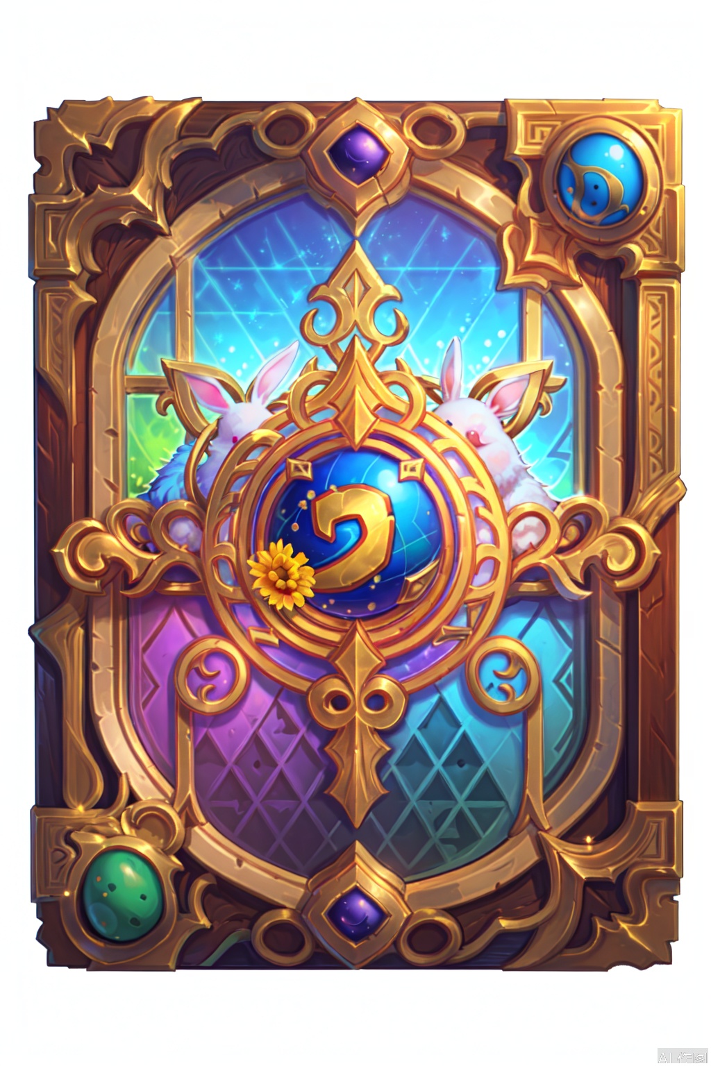 The image depicts a decorative chest adorned with intricate designs and vibrant colors. The chest is primarily gold with ornate patterns and features a large, circular window on the front. It is embellished with a variety of decorative elements, including a white rabbit wearing a blue hat and green leaves, and several colorful Easter eggs. The chest is also decorated with flowers, including daisies, and has a keyhole design on the front. The overall aesthetic is festive and whimsical, suggesting it may be part of a game or a themed decoration.HearthStone,card back