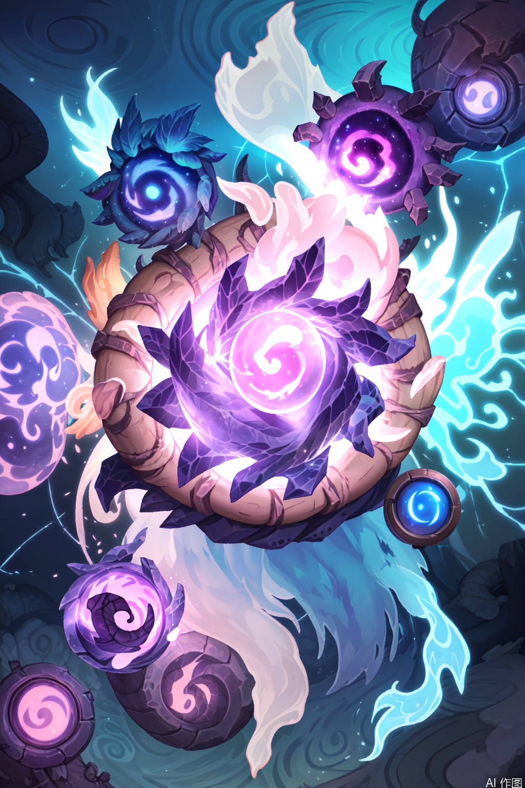 The image depicts a fantastical cosmic scene with a swirling nebula in the background, featuring vibrant shades of purple, blue, and pink. At the center of the image is a large, abstract creature resembling a tentacled entity with an eye that emits a bright, glowing light. The creature's body is composed of flowing, ribbon-like shapes that give it an ethereal appearance. Surrounding the creature are smaller, glowing orbs and lightning bolts, adding to the dynamic and mystical atmosphere. In the foreground, there are two planets, one with swirling colors and the other with a more solid, blue hue, both set against a backdrop of stars and cosmic clouds. The overall composition is vibrant and otherworldly, evoking a sense of wonder and mystery.HearthStone,card back
