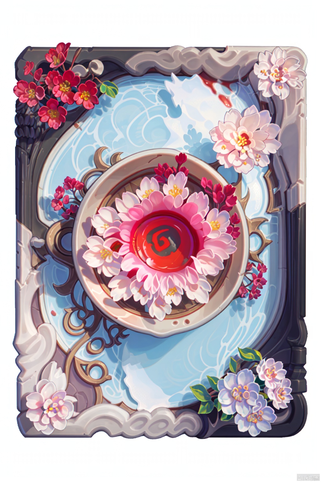 The image shows a transparent cup with a handle, filled with a red liquid. There is a single pink flower with five petals placed inside the cup, and a small piece of the flower is detached and lying on the surface next to the cup. The background is completely black, which makes the cup and the flower stand out prominently.HearthStone,card back