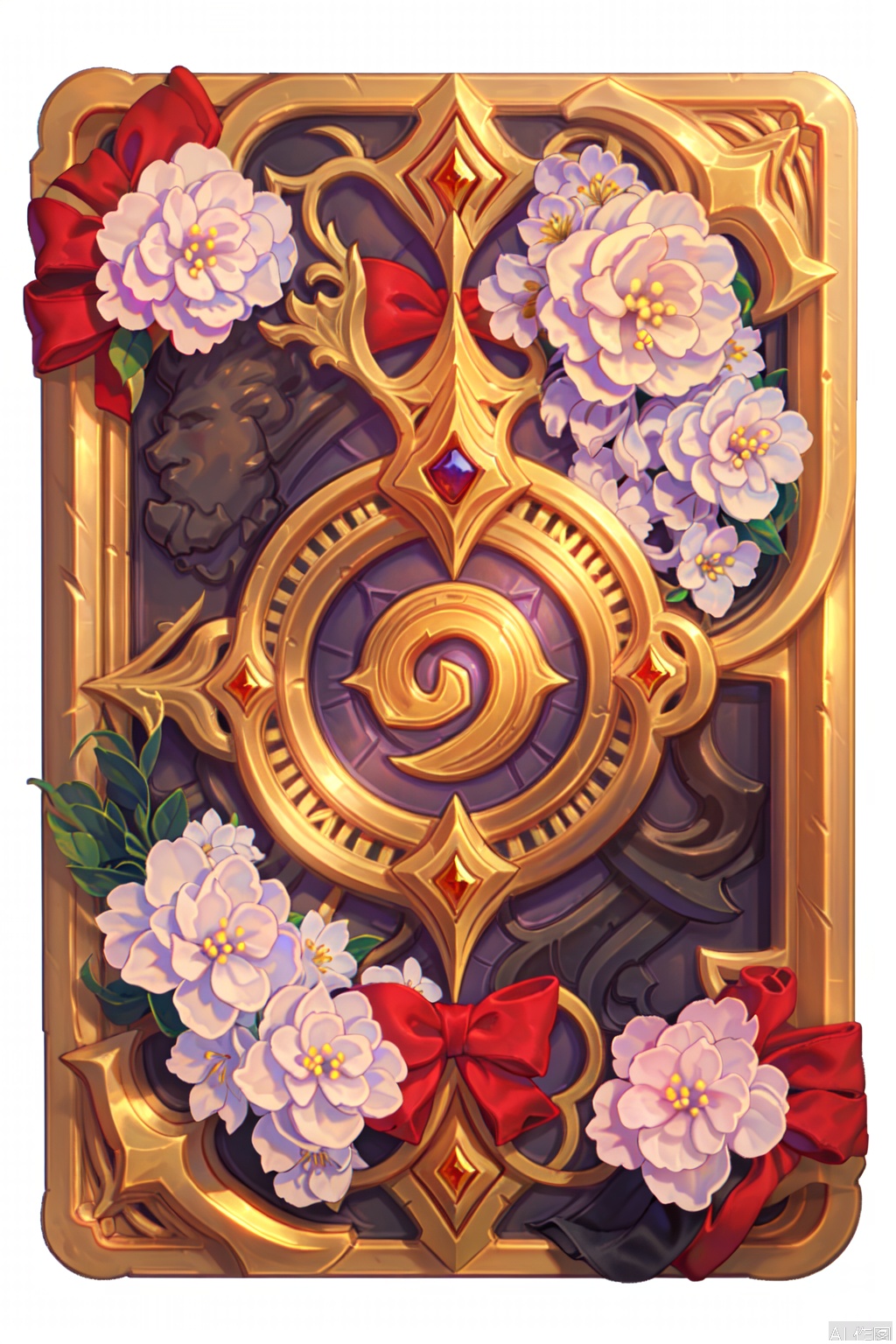 The image depicts a decorative chest adorned with intricate patterns and a red and gold color scheme. The chest is embellished with floral designs, including white blossoms and pink petals, which are arranged symmetrically around its edges. Atop the chest sits a large, ornate red bow, and a central red gemstone is prominently displayed. The chest itself has a cross-like design in the center, surrounded by gold detailing. The background is a solid black color, which makes the chest stand out vividly.HearthStone,card back